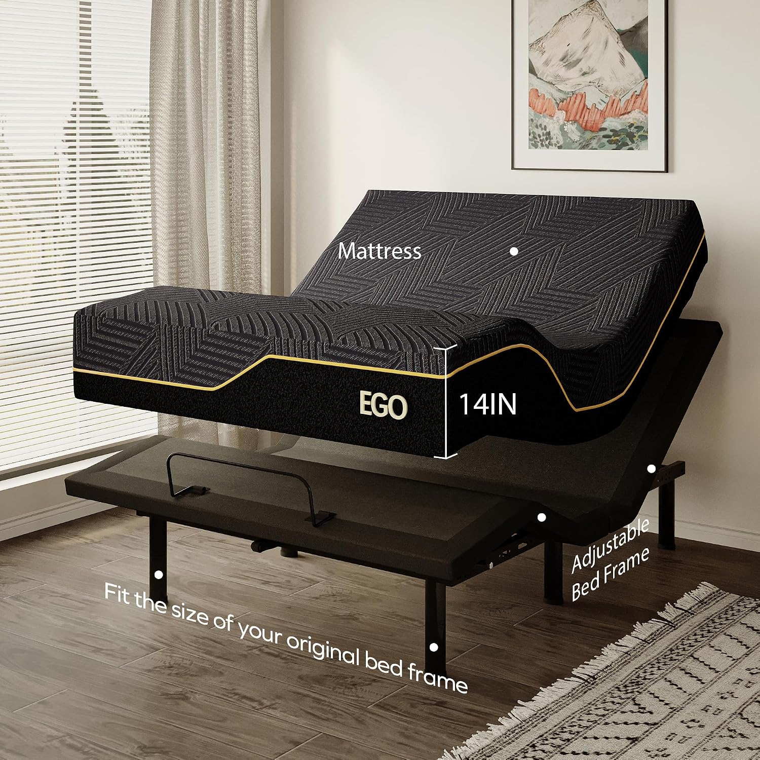 MLILY EGOHOME Adjustable Bed Frame Twin XL and 14 inch Memory Foam Mattress, Wireless Remote Adjustable Bed Base with 12' Adjustable Legs and Head and Foot Incline, Zero Gravity, Easy Assembly