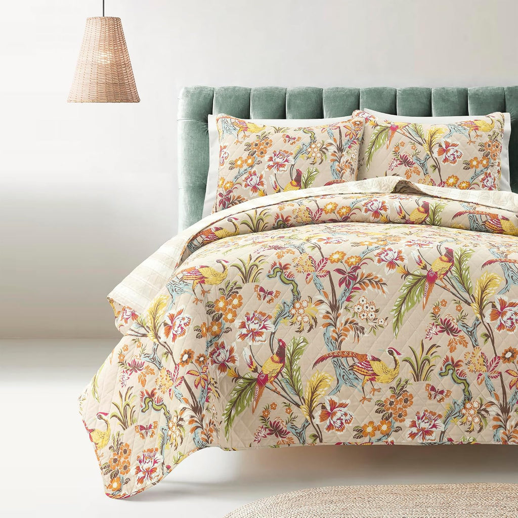 Lush Decor Dolores Reversible Cotton Quilt King Size 3 Piece Set Neutral & Multi - Tropical Bedding Set King - Floral Quilt - Cottage Bedroom Decor