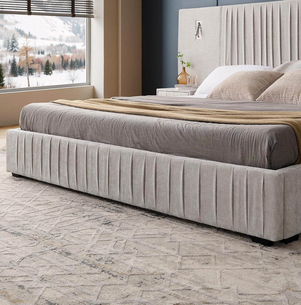 Chenille Upholstered King Size Bed Frame with Pleated Design, Integrated Headboard and Nightstands, Adjustable Bedside Lamps, No Box Spring Needed, Luxury Bedroom Furniture (Light Beige)