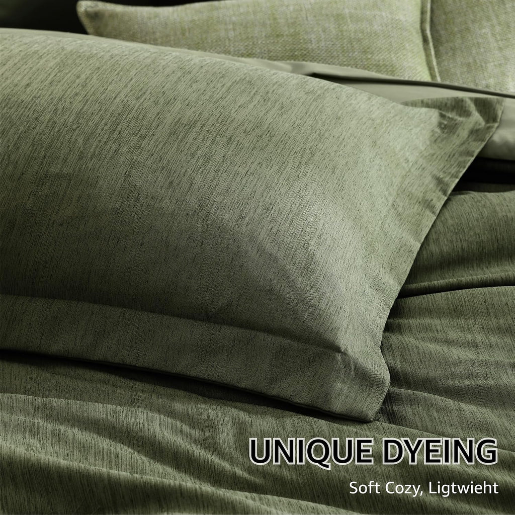 Monbix Super King Comforter Set, Olive Green Cationic Dyeing Bedding Set Reversible, Bed in a Bag 7 Pieces with Comforter, Sheets, Pillowcases & Shams