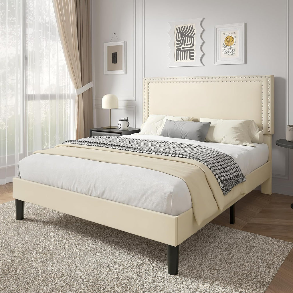 VECELO Full Size Platform Bed Frame with Height Adjustable Upholstered Headboard, Modern Mattress Foundation,Strong Wood Slat Support, No Box Spring Needed, Easy Assembly,Beige