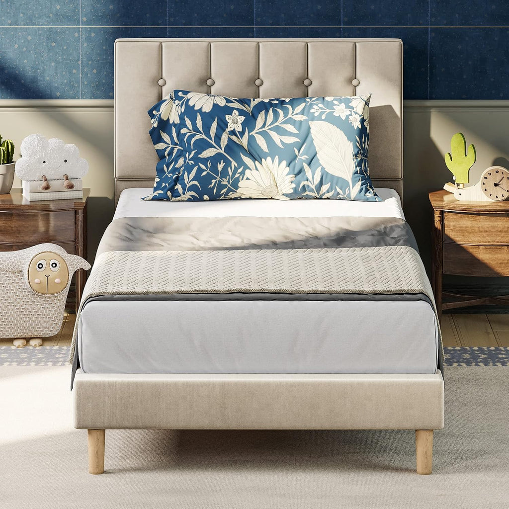 LIKIMIO Twin Bed Frames, Velvet Upholstered Platform Bed Frame with Headboard and Strong Wooden Slats, No Box Spring Needed/Noise-Free/Easy Assembly, Beige