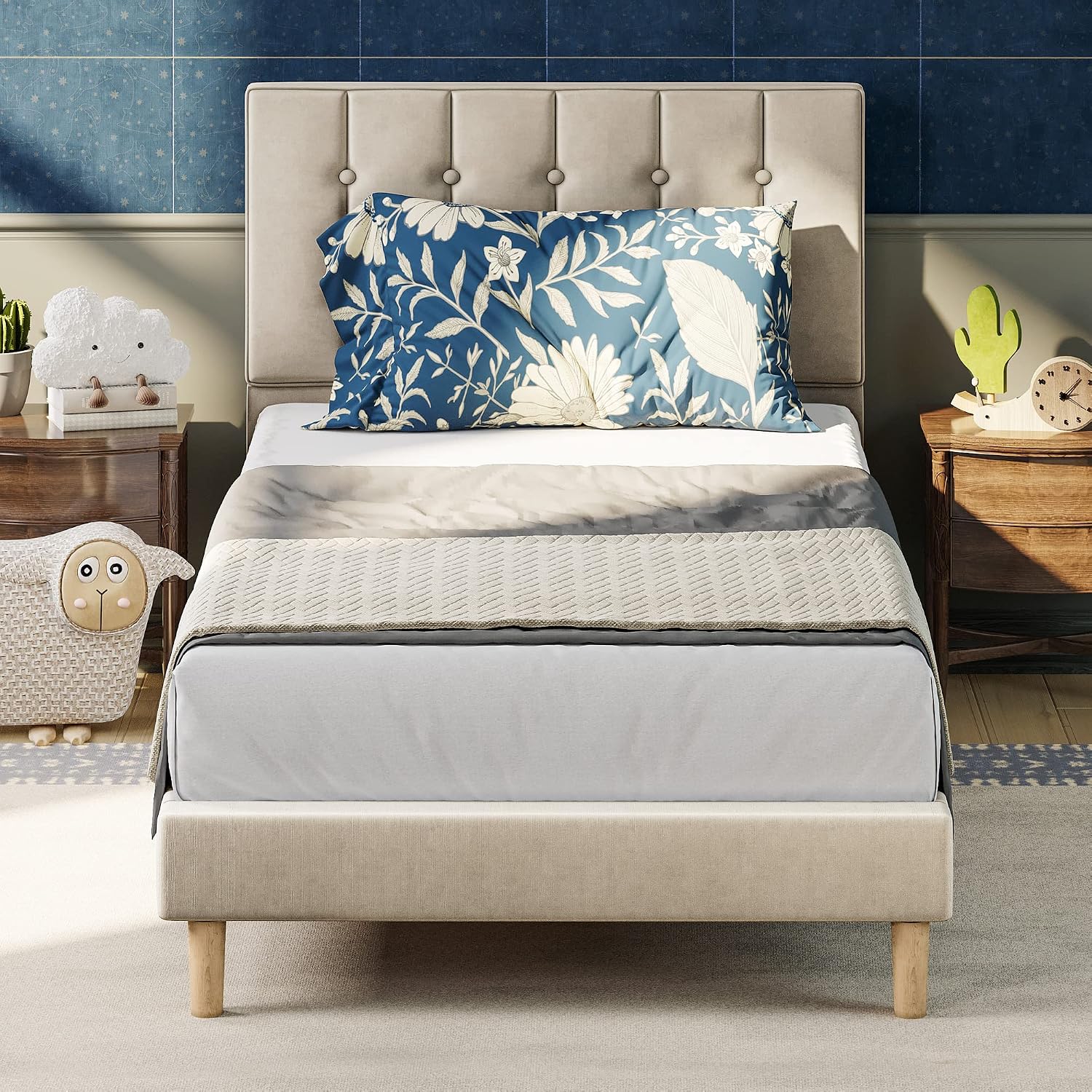 LIKIMIO Twin Bed Frames, Velvet Upholstered Platform Bed Frame with Headboard and Strong Wooden Slats, No Box Spring Needed/Noise-Free/Easy Assembly, Beige