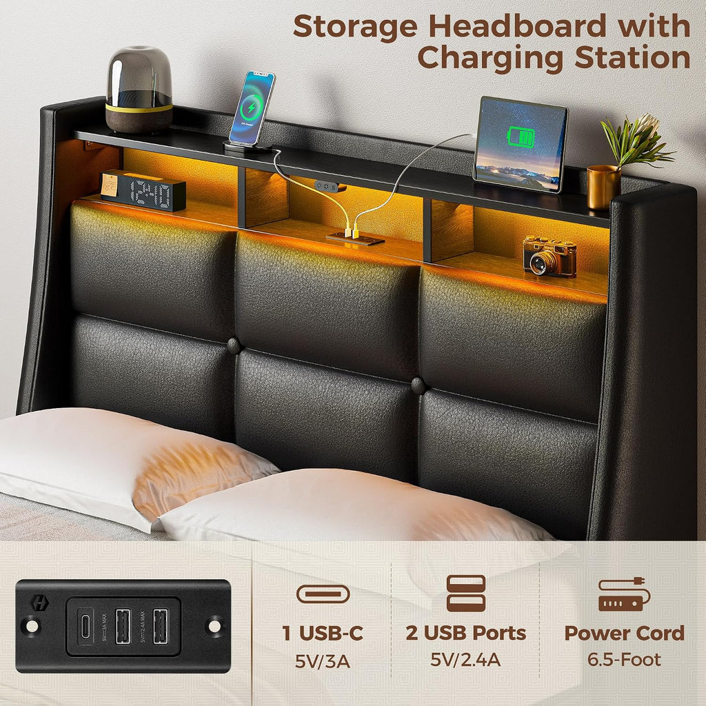 Rolanstar Twin Size Bed Frame with LED Lights and Charging Station, PU Leather Bed Storage Headboard & Drawers, Heavy Duty Wood Slats, Easy Assembly, Black