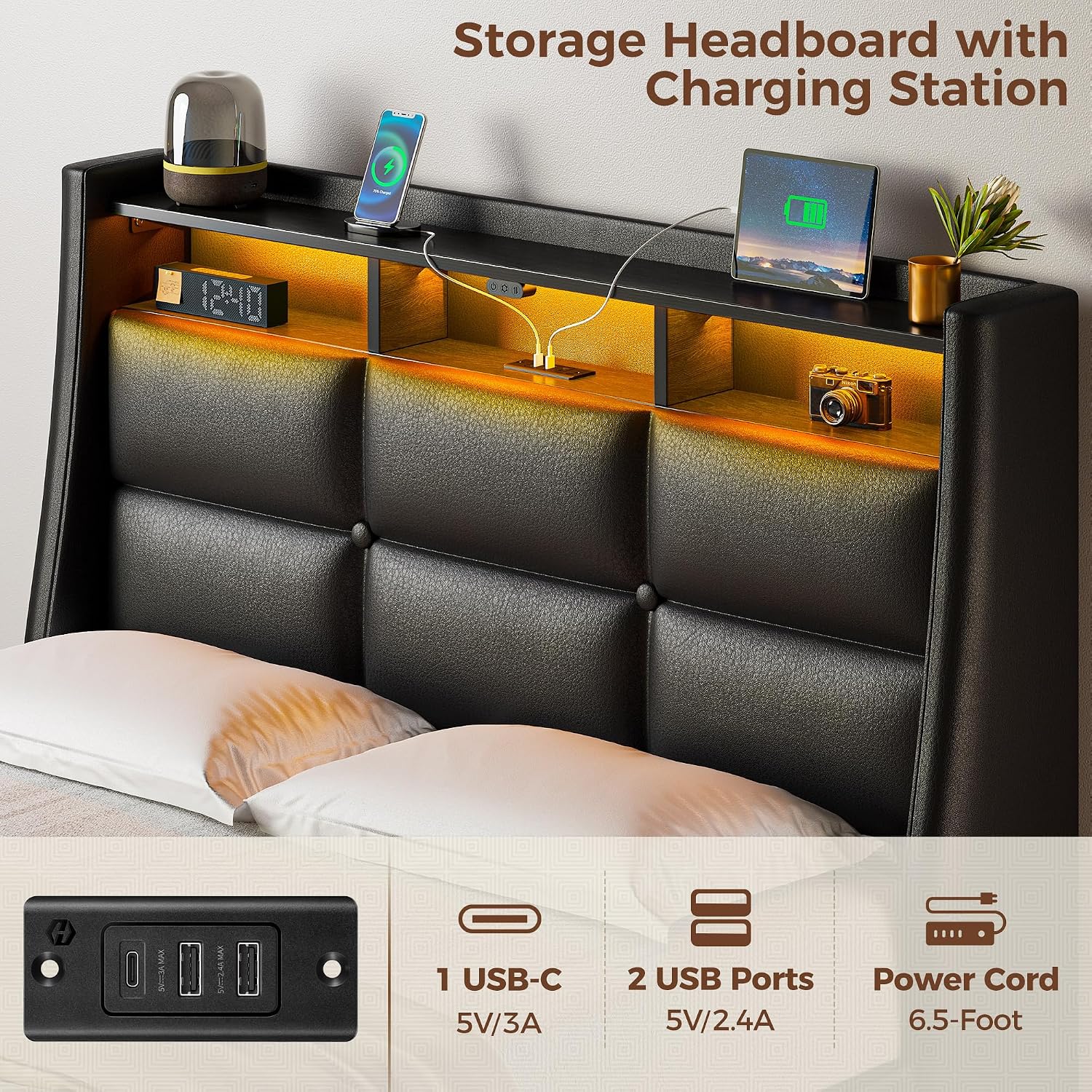 Rolanstar Twin Size Bed Frame with LED Lights and Charging Station, PU Leather Bed Storage Headboard & Drawers, Heavy Duty Wood Slats, Easy Assembly, Black
