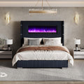 AMERLIFE Modern Queen Size Bed Frame with Fireplace, Corduroy Upholstered Bed Frame with 60.4' Extra Tall Wingback Headboard, Wingback Platform Bed Frame with Wooden Slats/No Box Spring Needed, Black