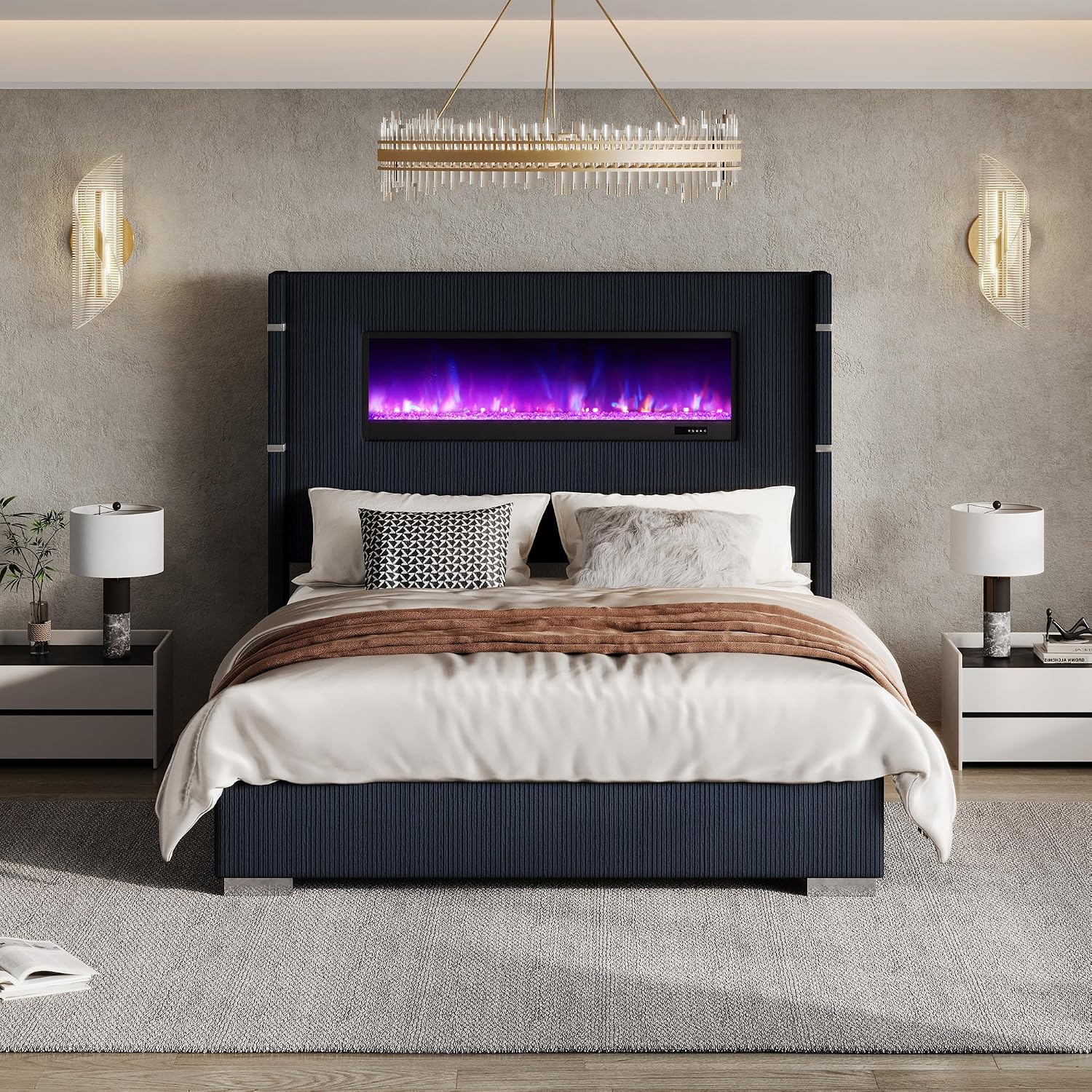 AMERLIFE Modern Queen Size Bed Frame with Fireplace, Corduroy Upholstered Bed Frame with 60.4' Extra Tall Wingback Headboard, Wingback Platform Bed Frame with Wooden Slats/No Box Spring Needed, Black