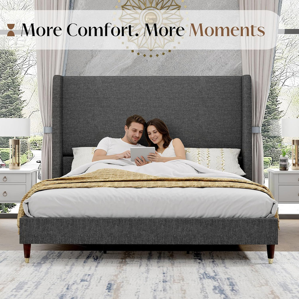 PaPaJet King Bed Frame with 51.2' Tall Wingback Headboard,Line Upholstered Platform Bed,Solid Wood Legs,No Box Spring Needed,Noise-Free&Easy Assembly,for Master Bedroom & Luxury Home,Dark Grey
