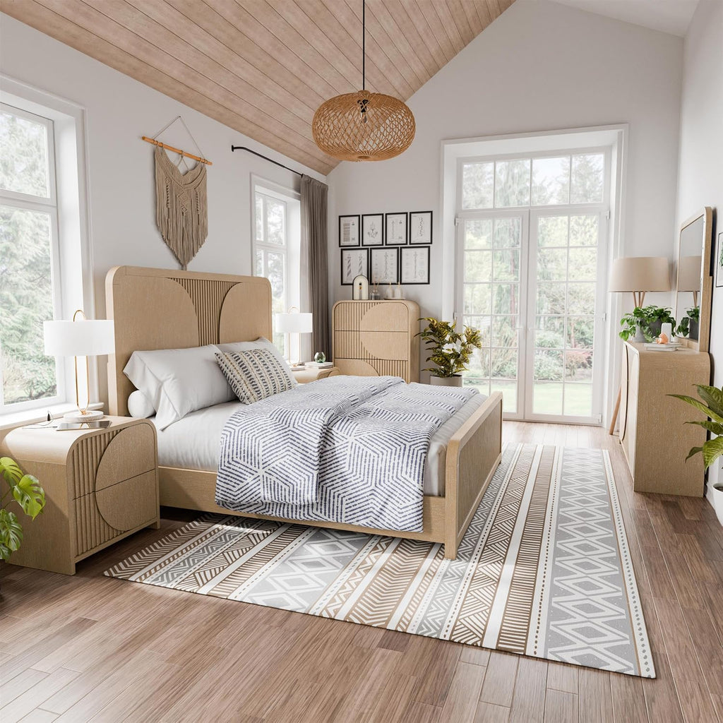 Furniture of America Tissen Modern Solid Wood 6-Piece Queen Bedroom Set with USB Ports, Reeded Panels, Curved Edges and Beveled Mirror, Box Spring Needed, Natural