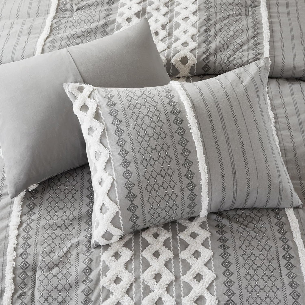 INK+IVY King Comforter Set, Boho Comforters, Breathable Cotton Bed Set, All Season Modern Chenille Tufted Comforter with Farmhouse Bedding Flare, Gifts for Woman, Gray 3 Piece