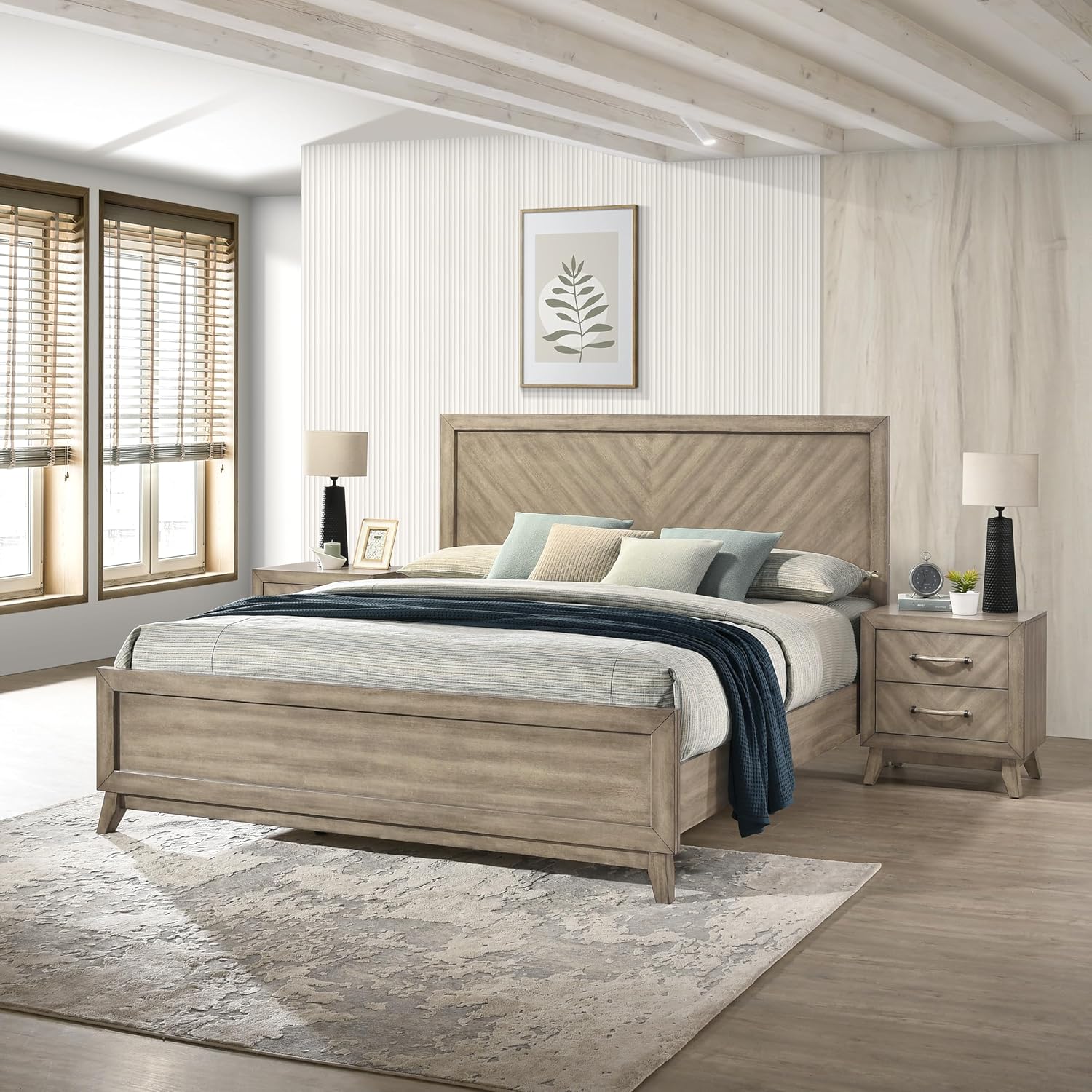 Roundhill Furniture Arena 3-Piece Contemporary Wood Bedroom Set: Panel Bed and 2 Nightstands in Weathered Sand, King