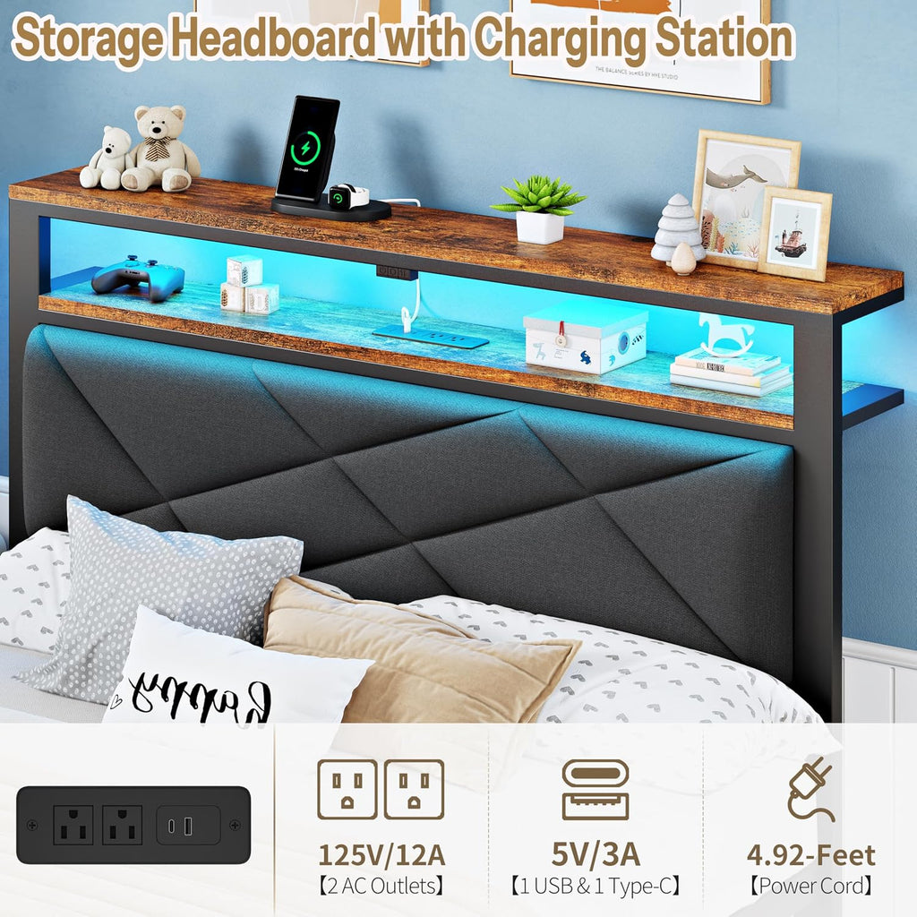 ChicZhiNest Full Size Bed Frame with 2 Tier Upholstered Storage Headboard and Under Bed Storage,Platform Bedframe with LED Lights and Charging Station, No Box Spring Needed,Easy Assembly,Grey