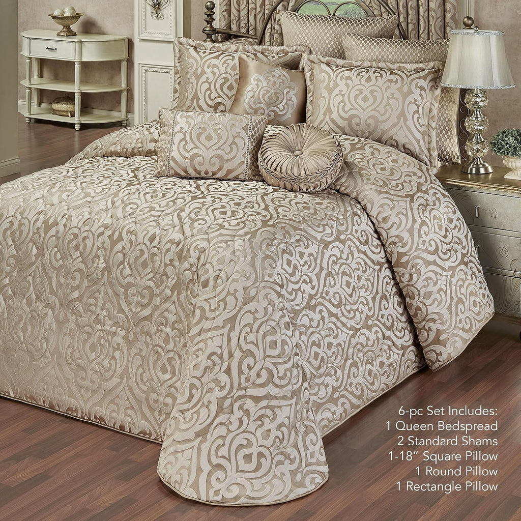 Davenport Luxury Bedding | Neutral Sand and Beige | Jacquard-Woven Puff-Textured Scrollwork Medallions | 6 Pc Bed Set Includes Queen Bedspread, 2 Standard Shams, and 3 Decorative Reversible Pillows