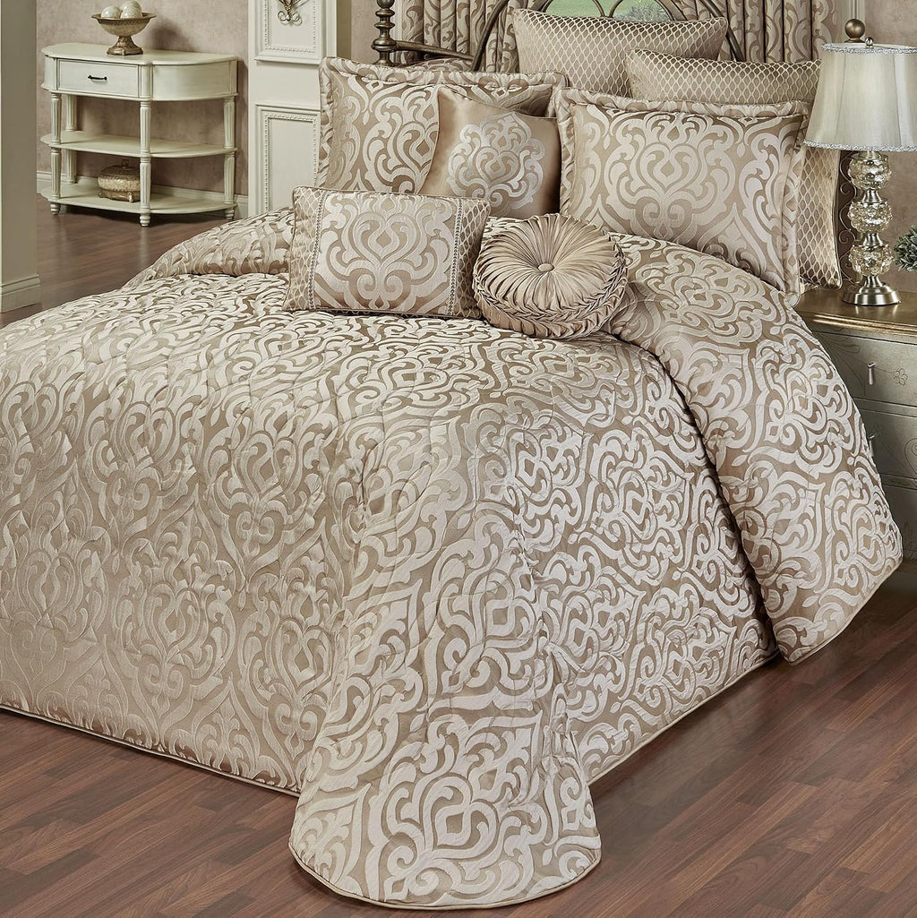 Davenport Luxury Bedding | Neutral Sand and Beige Hues | Jacquard-Woven Puff-Textured Scrollwork Medallions | 6 Pc Bed Set Includes King Bedspread, 2 King Shams, and 3 Decorative Reversible Pillows