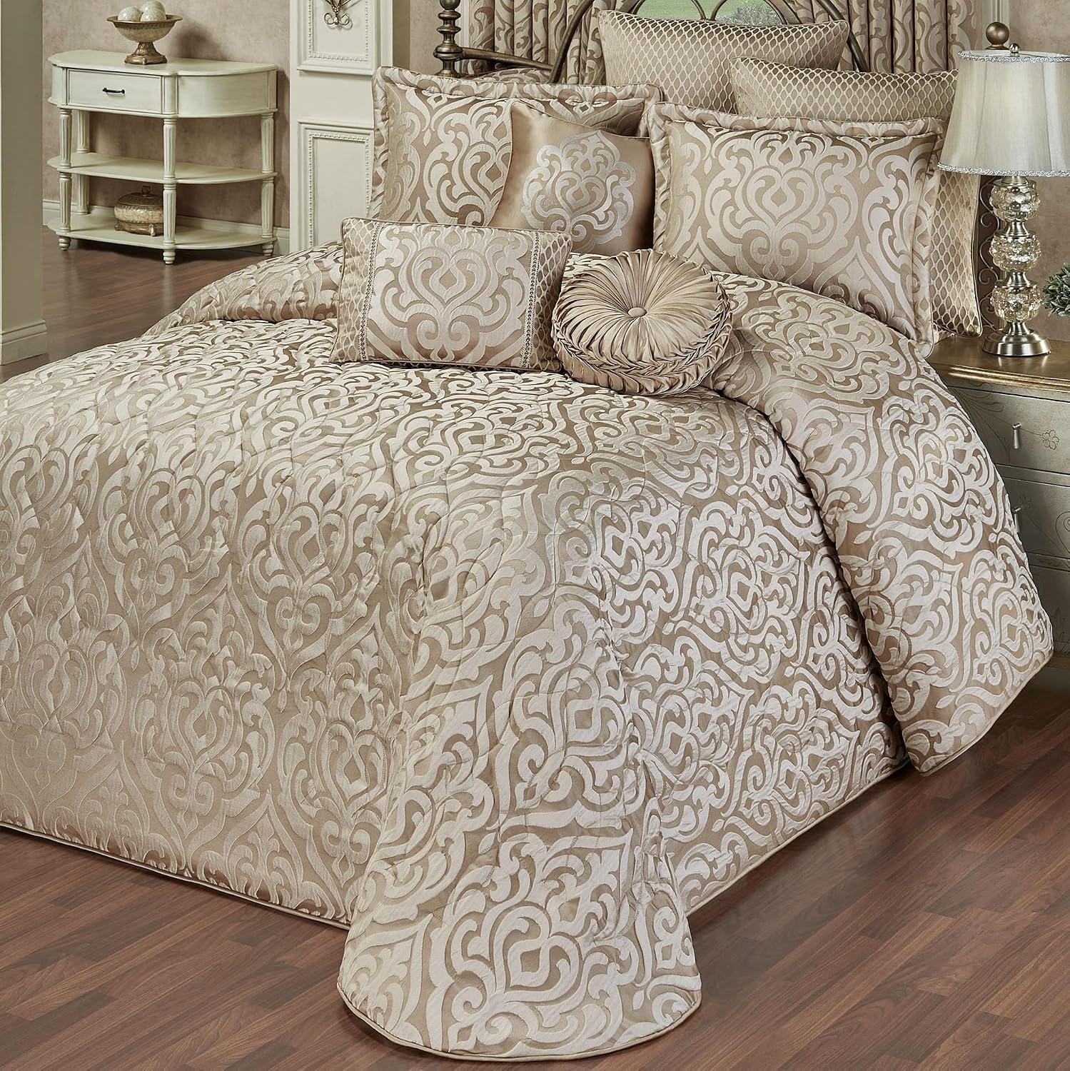 Davenport Luxury Bedding | Neutral Sand and Beige Hues | Jacquard-Woven Puff-Textured Scrollwork Medallions | 6 Pc Bed Set Includes King Bedspread, 2 King Shams, and 3 Decorative Reversible Pillows
