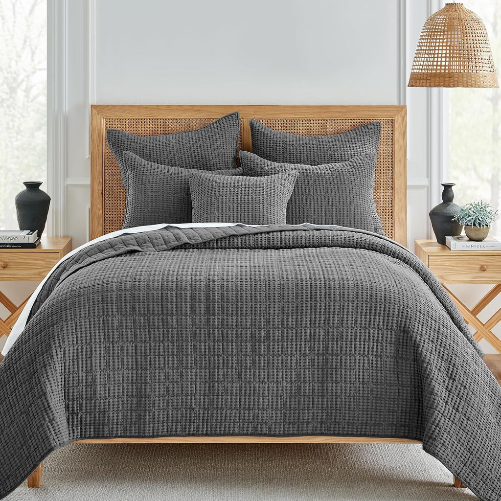 Levtex Home Mills Waffle King/Cal King Quilt Set (106x92in) with 2 Pillow Shams (36x20in) - Charcoal - 100% Cotton King Size Quilt Bedding Set - Lightweight, Soft, Pre-Washed