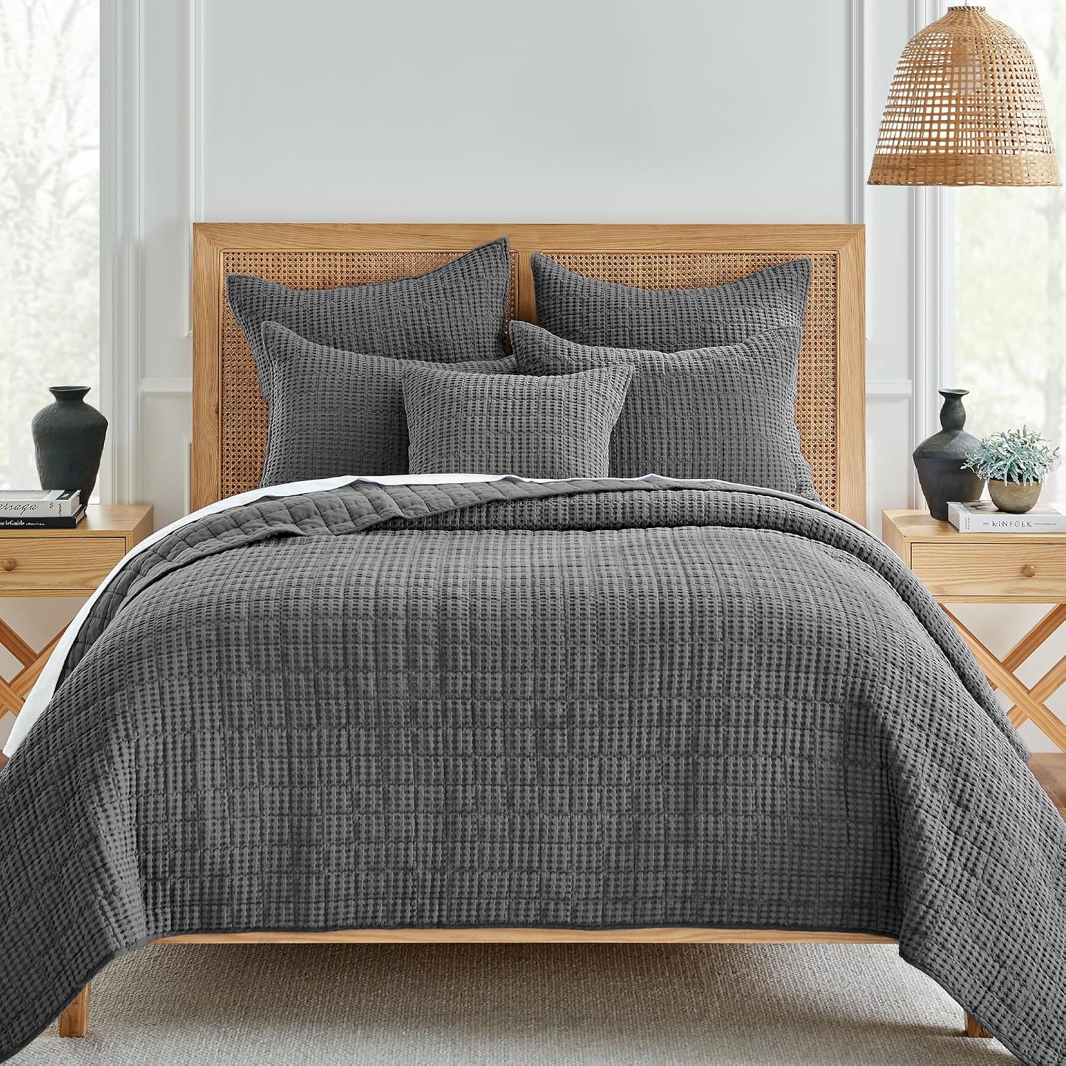 Levtex Home Mills Waffle King/Cal King Quilt Set (106x92in) with 2 Pillow Shams (36x20in) - Charcoal - 100% Cotton King Size Quilt Bedding Set - Lightweight, Soft, Pre-Washed
