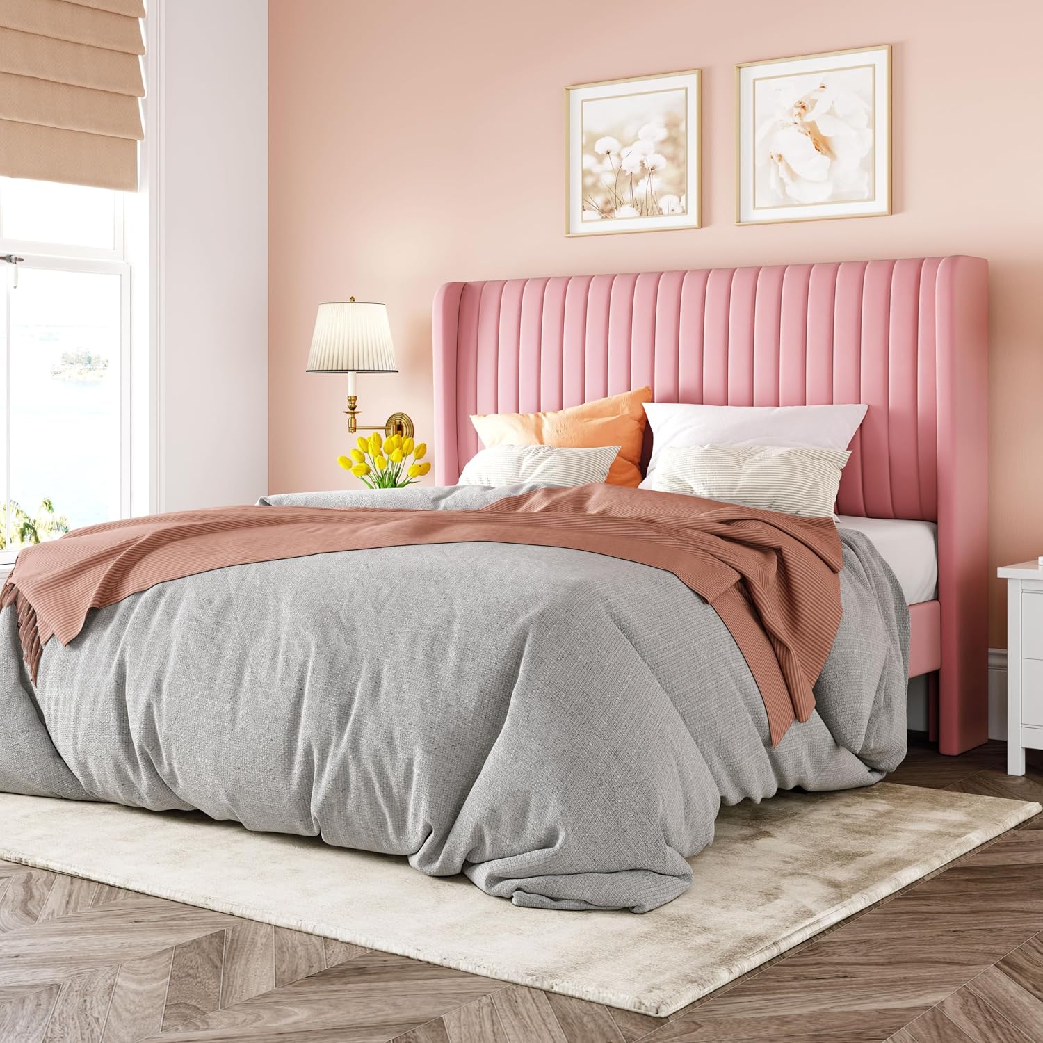Allewie Queen Size Velvet Bed Frame/Vertical Channel Tufted Wingback Headboard/Upholstered Platform Bed/Strong Wooden Slats/No Box Spring Needed/Easy Assembly/Pink