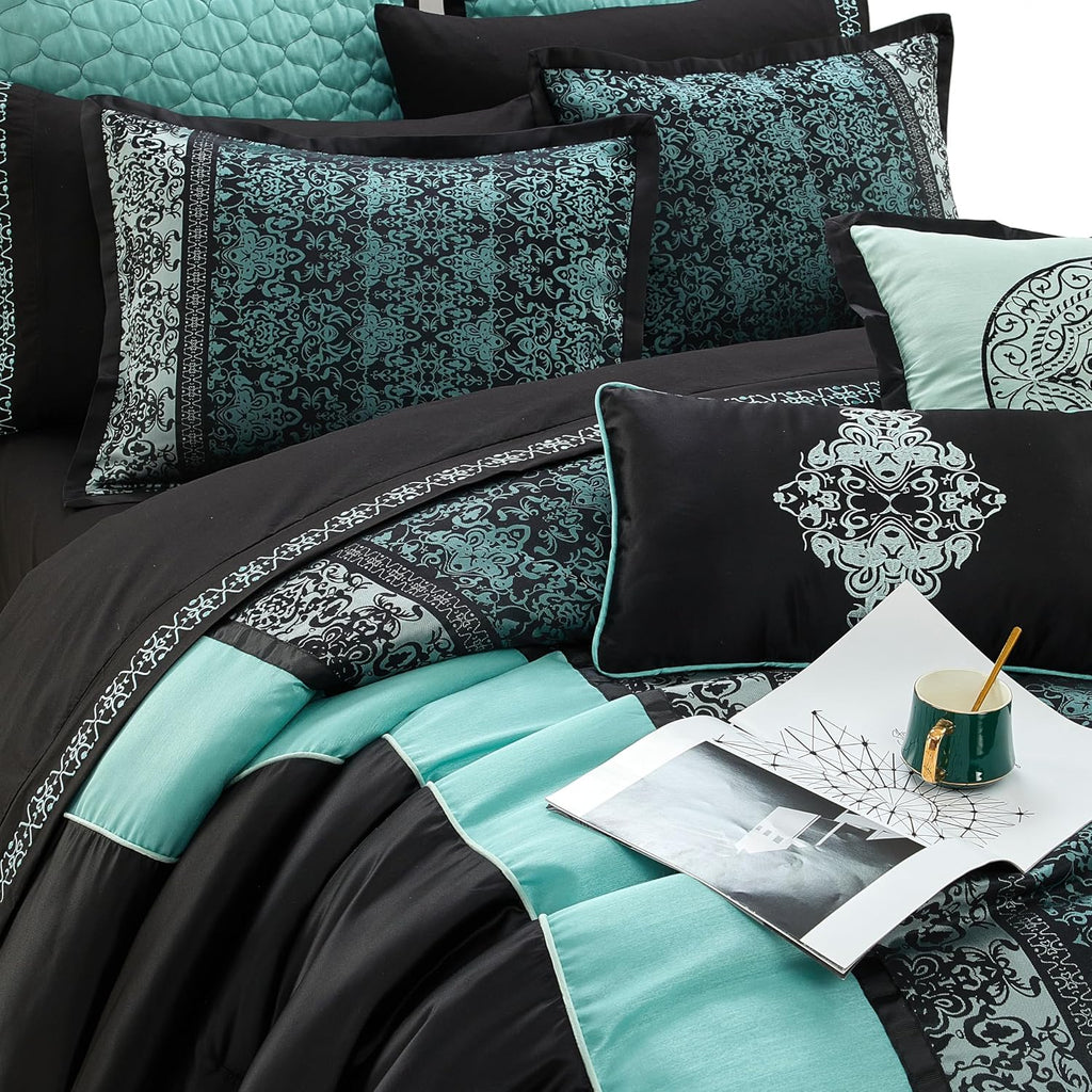 Grand Avenue Black & Teal Comforter Set California King Size, Classic Jacquard Bedding Sets, Faux Silk, Premium Microfiber, 12 Pieces Bed in a Bag, Matching Fitted Sheet, Flat Sheet