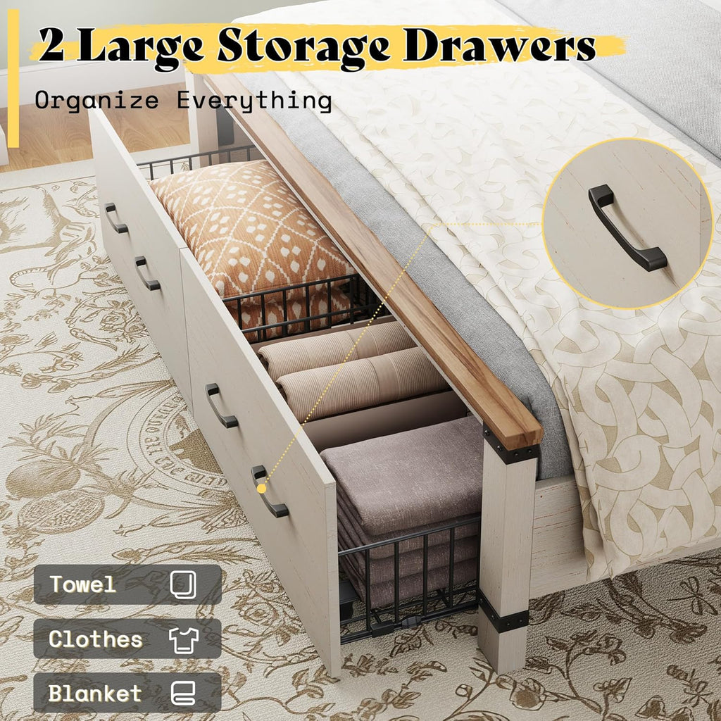 AMERLIFE 2 Pieces Farmhouse Bedroom Set, Includes Wood Rustic Full Size Bed Frame with 54' Tall Headboard, 6 Drawers Large Dresser Chest, Heavy Duty Thick Plank Styling, Antique White