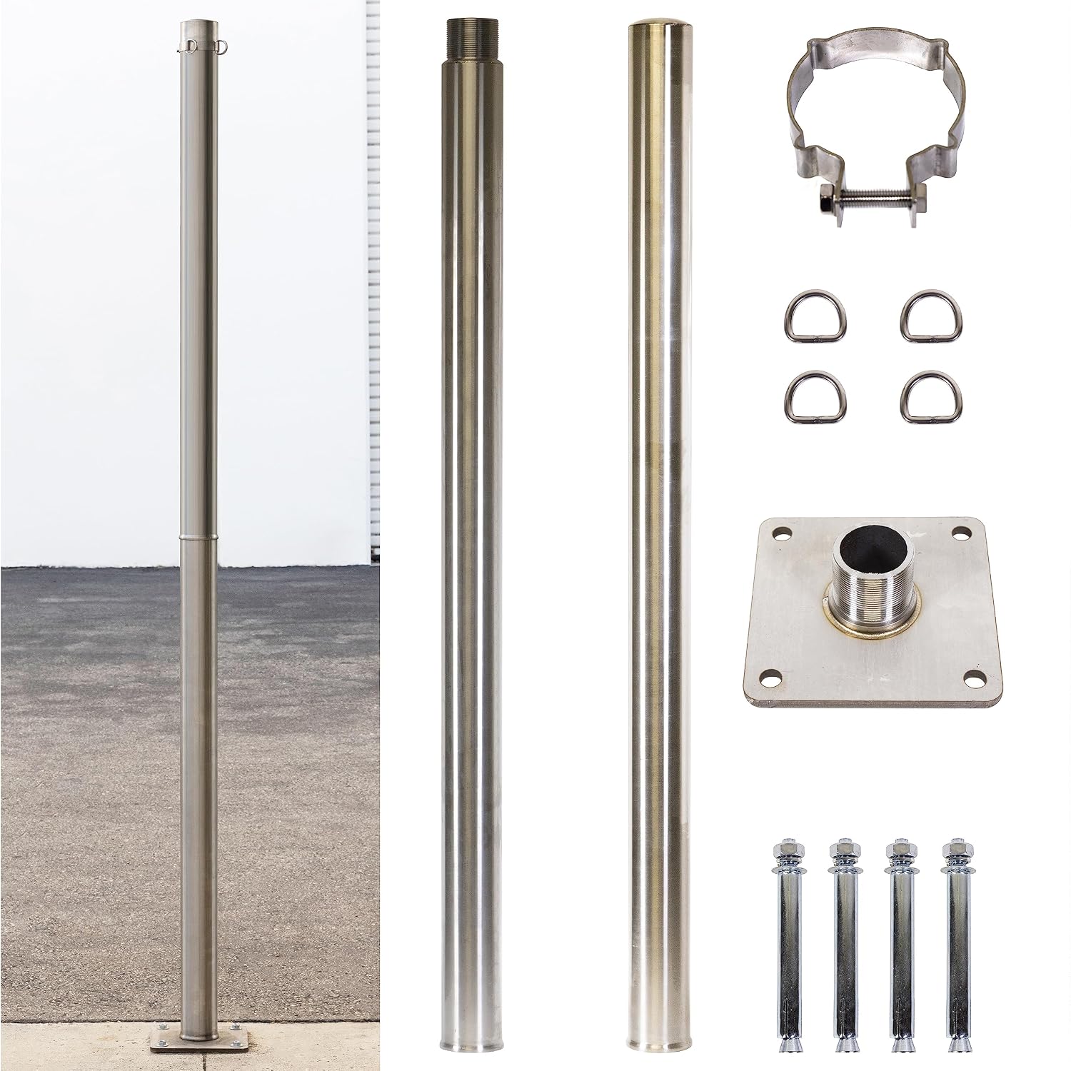 Amgo 8ft Pole Stainless Steel, Heavy Duty with Base Plate & Height Adjustable Mounting Clamp T - Easy Installation Shade Sail Canopy Post, Fence Post, Flagpole, Sign Post - Outdoor, Garden, Backyard