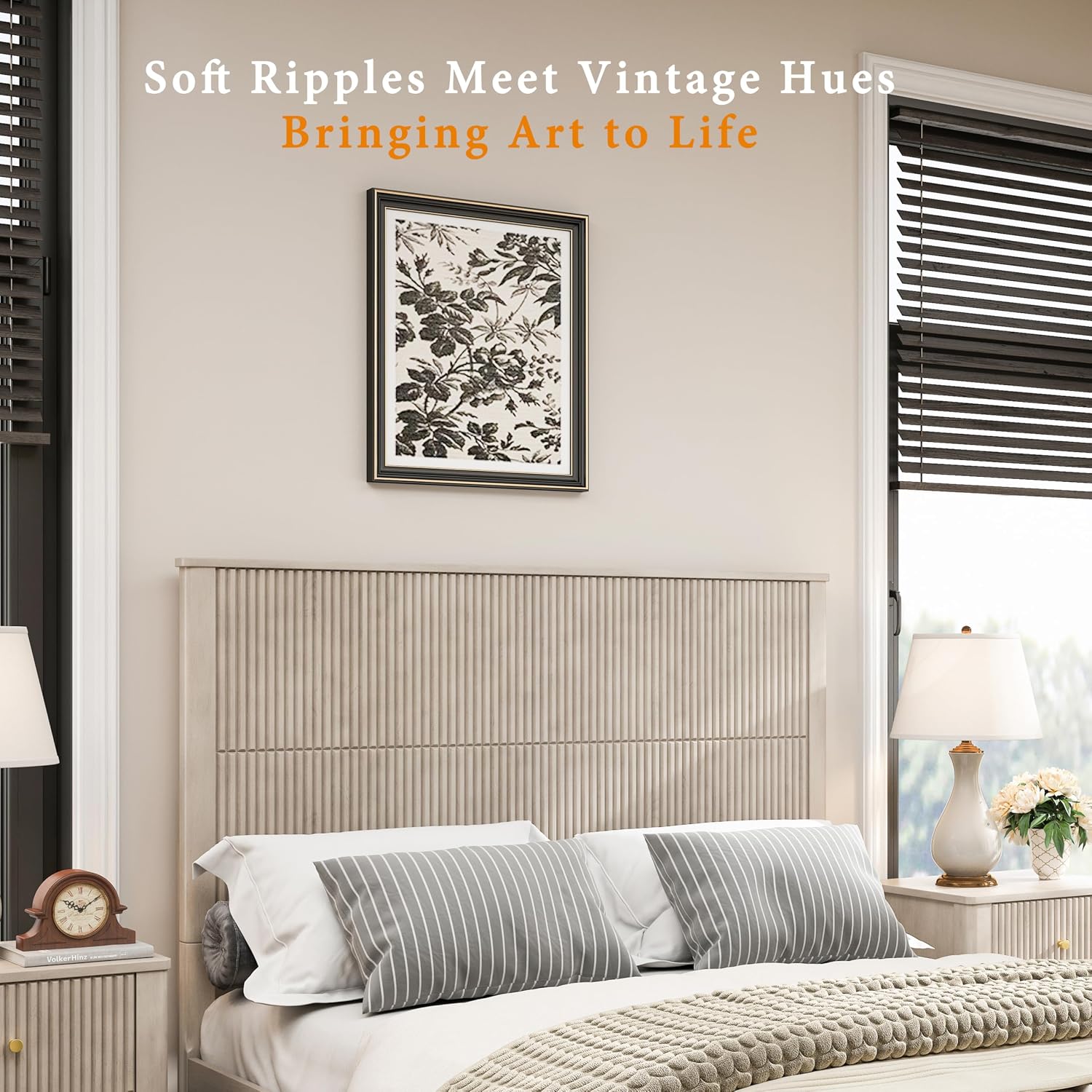 Queen Size Solid Wood Platform Bed Frame, Solid Wood Bed with 63.58' Headboard, Solid Wood Leg/No Box Spring Needed/Noise Free/Beige
