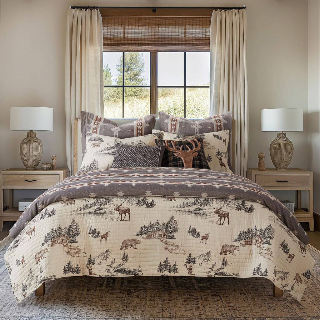 Levtex Home - Lodge Toile Quilt Set - Full/Queen Quilt and Two Standard Shams - Mountain Lodge - Brown Cream Charcoal - Quilt (88x92in.) and Shams (20x26in.) - Reversible - Cotton