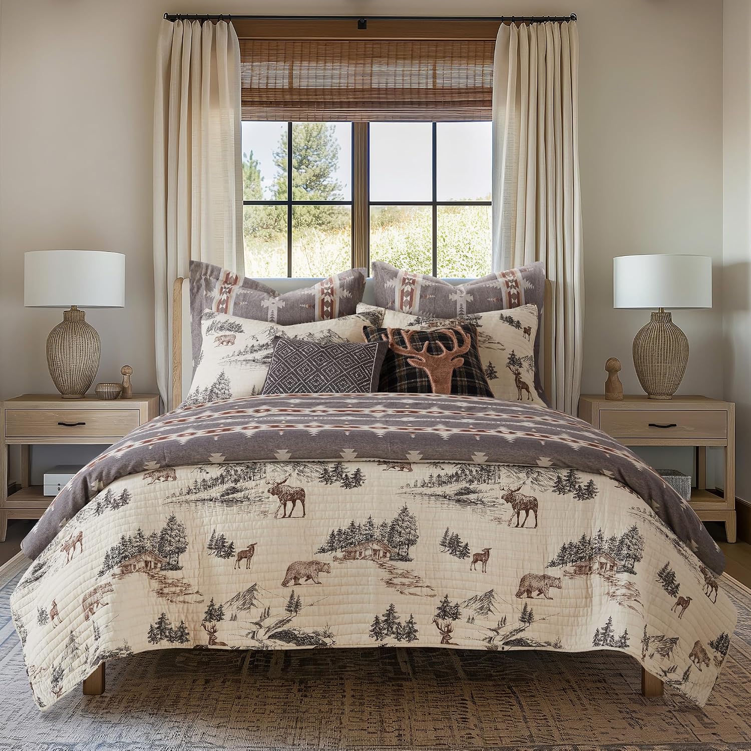 Levtex Home - Lodge Toile Quilt Set - Full/Queen Quilt and Two Standard Shams - Mountain Lodge - Brown Cream Charcoal - Quilt (88x92in.) and Shams (20x26in.) - Reversible - Cotton