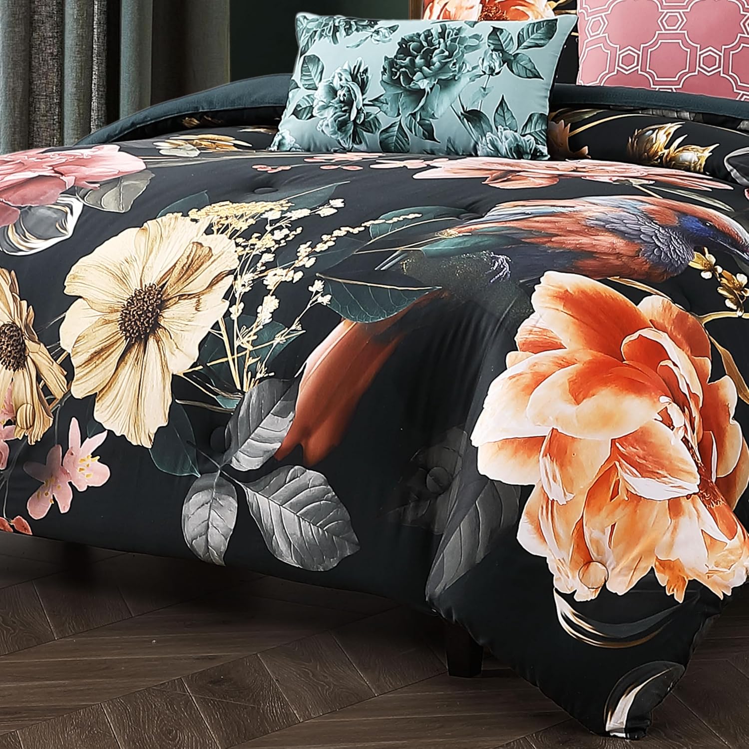 Bebejan Botanical Birds 5 Piece Comforter Set, 100% Cotton Sateen, 220 Thread Count, Black Reversible Bedding Comforter Set, 1 Comforter, 2 Shams & 2 Pillows (Full/Queen)