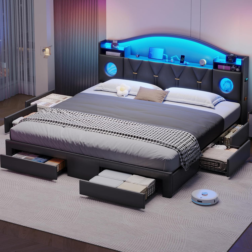 King Size Bed Frame,Bed Frame king size with 6 Large Drawers & Charging Station and LED Lights,King Bed Frame and Headboard,King Size Bed Heavy Duty Metal Frame Support, No Box Spring Needed,PU Black