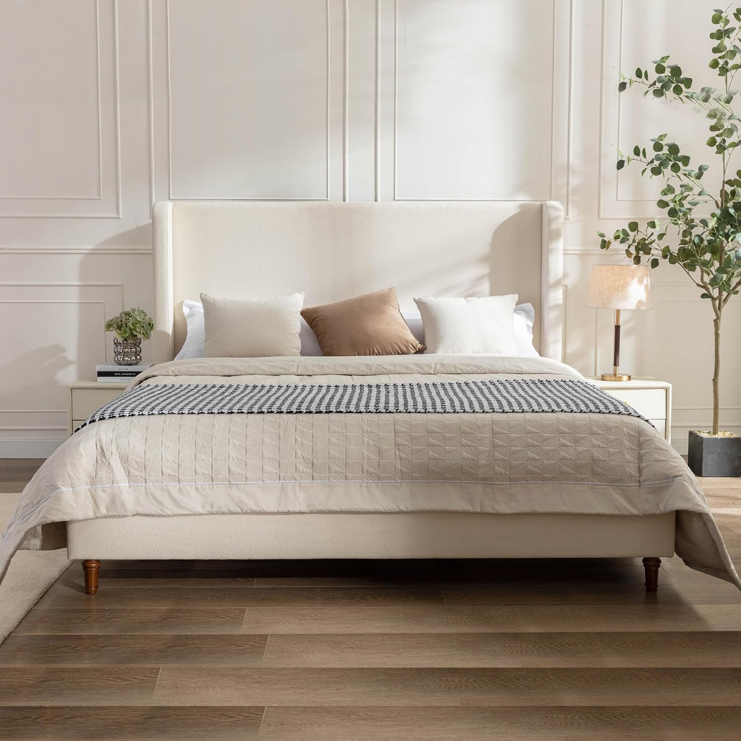 King Size Bed Frame With Headboard,54'High Headboard Boucle Upholstered Platform Bed,bedroom Furniture Sets No Springs Required,Metal Bed Frame With Wooden Slats for Strong Support,No Noise Free,Ivory