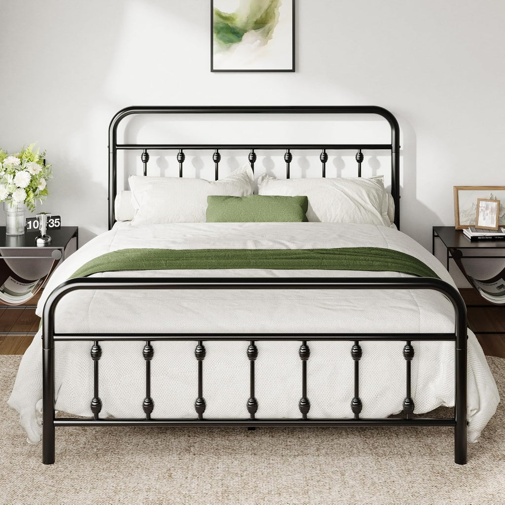 Allewie 14 Inches Full Size Metal Platform Bed Frame with Victorian Style Iron-Art Headboard/Footboard, Mattress Foundation, Easy Assembly, Under Bed Storage, No Box Spring Required, Black