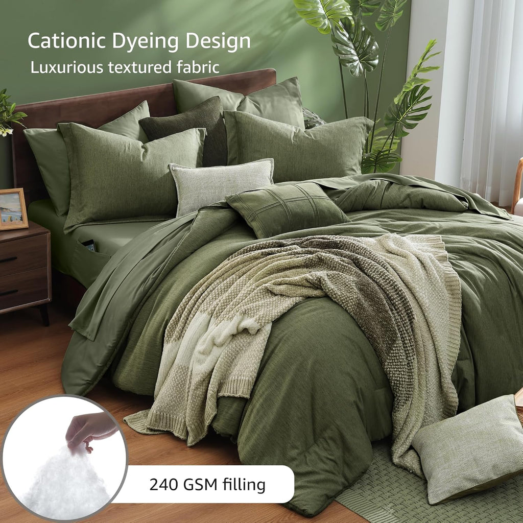 Monbix Super King Comforter Set, Olive Green Cationic Dyeing Bedding Set Reversible, Bed in a Bag 7 Pieces with Comforter, Sheets, Pillowcases & Shams