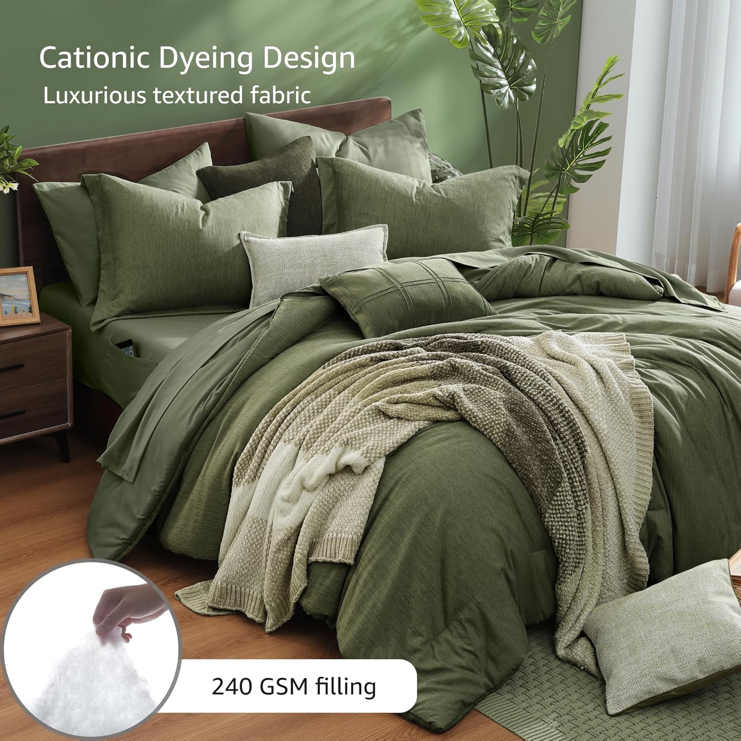 Monbix Super King Comforter Set, Olive Green Cationic Dyeing Bedding Set Reversible, Bed in a Bag 7 Pieces with Comforter, Sheets, Pillowcases & Shams