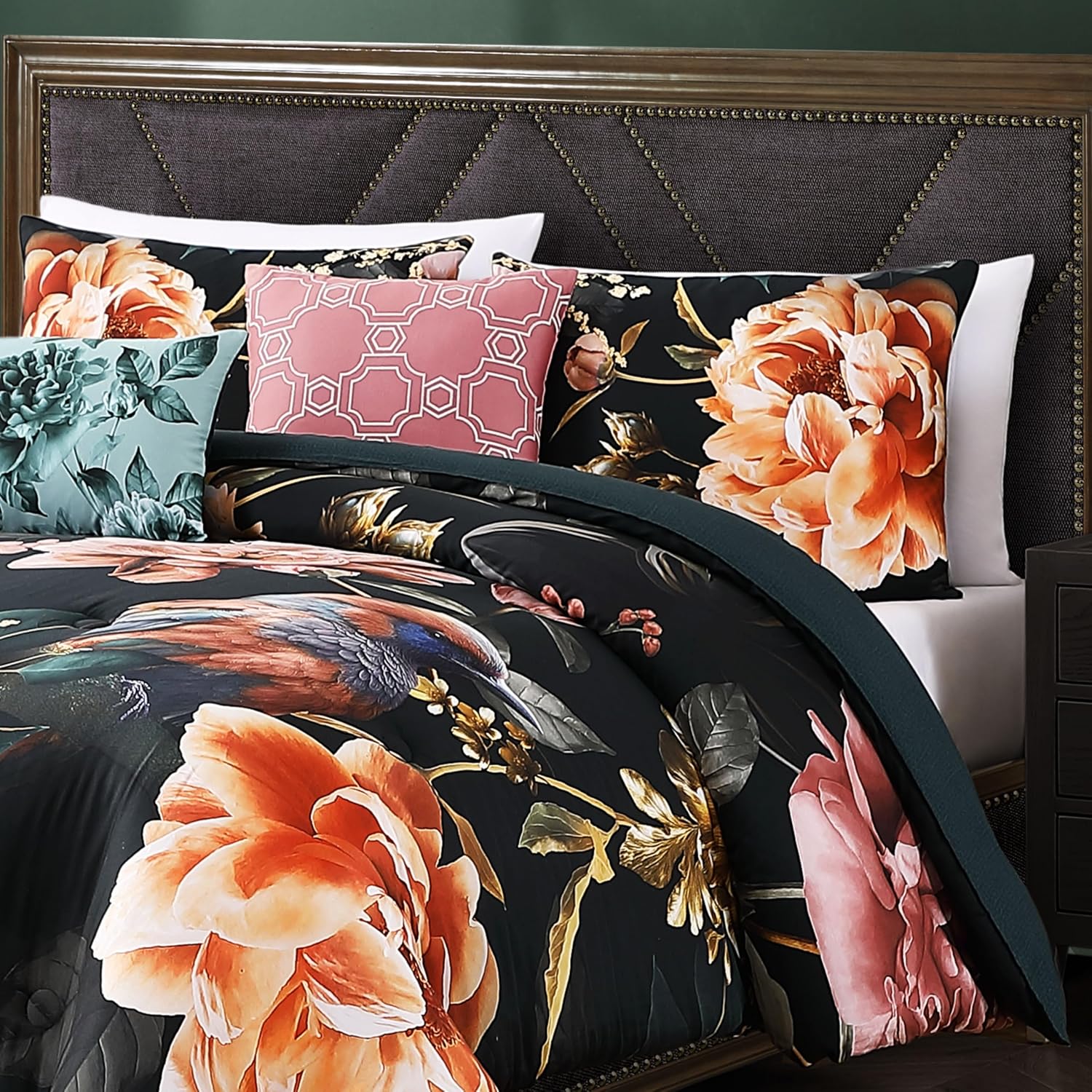 Bebejan Botanical Birds 5 Piece Comforter Set, 100% Cotton Sateen, 220 Thread Count, Black Reversible Bedding Comforter Set, 1 Comforter, 2 Shams & 2 Pillows (Full/Queen)