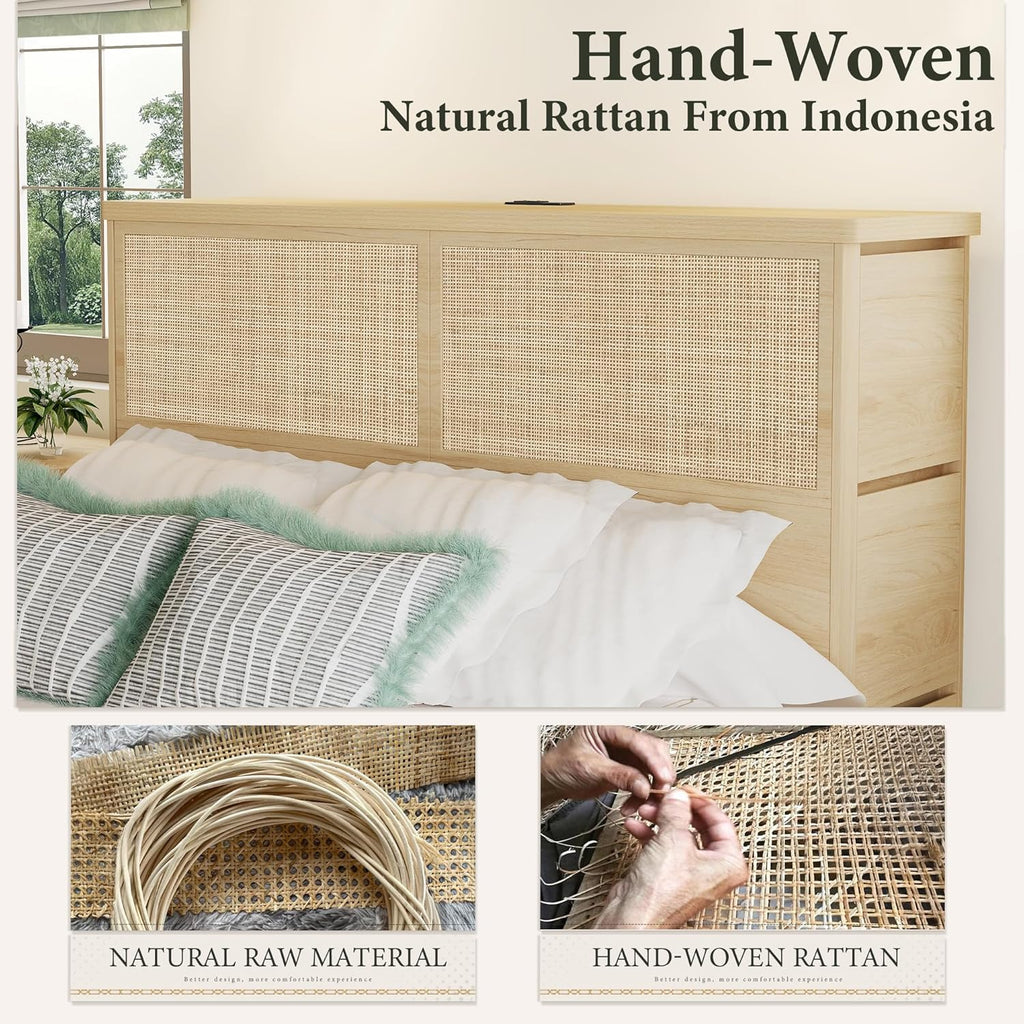 Yechen Natural Rattan Queen Bed Frame with Storage, 10 Drawers & Storage Headboard with Charging Station, Boho Rattan Wood Bed Frame with Metal Frame, Noise Free, No Box Spring Needed