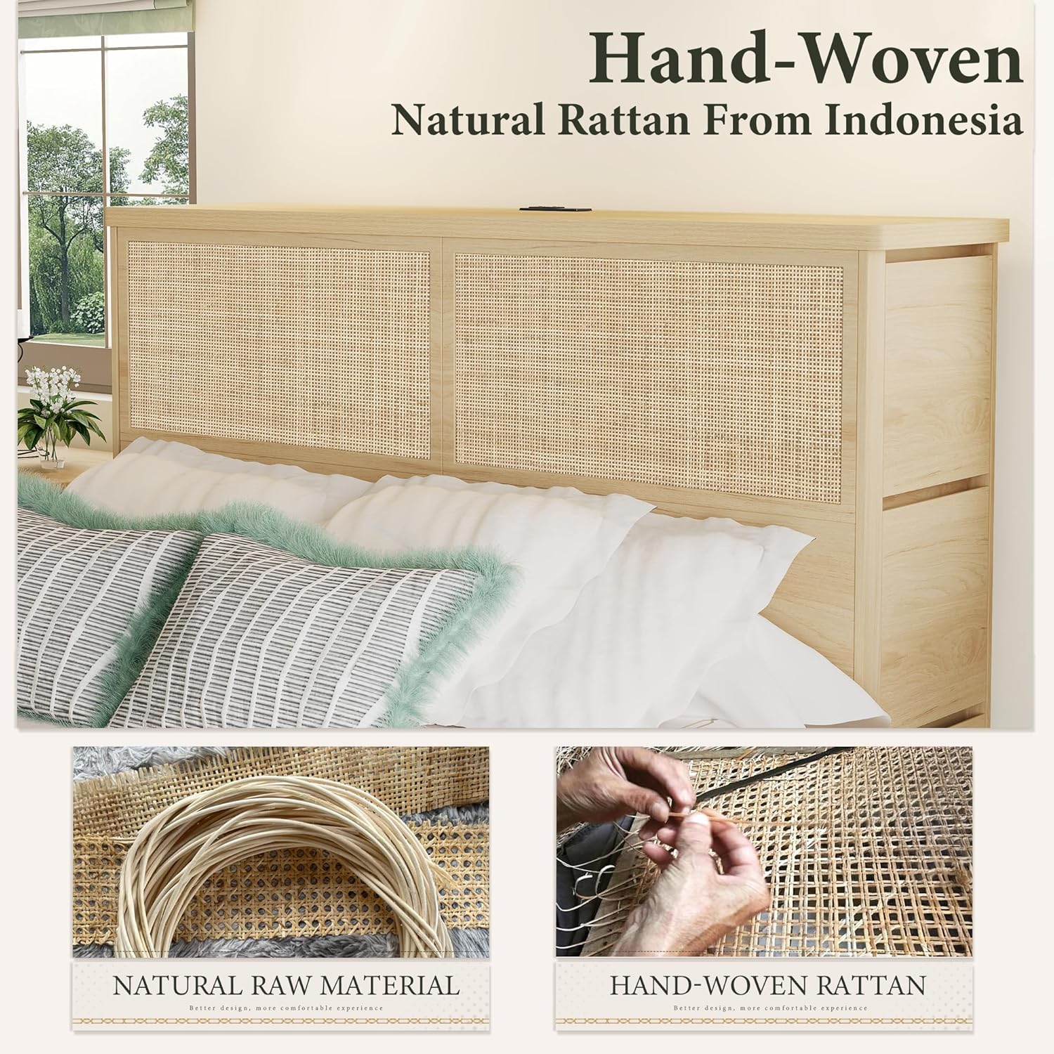 Yechen Natural Rattan Queen Bed Frame with Storage, 10 Drawers & Storage Headboard with Charging Station, Boho Rattan Wood Bed Frame with Metal Frame, Noise Free, No Box Spring Needed