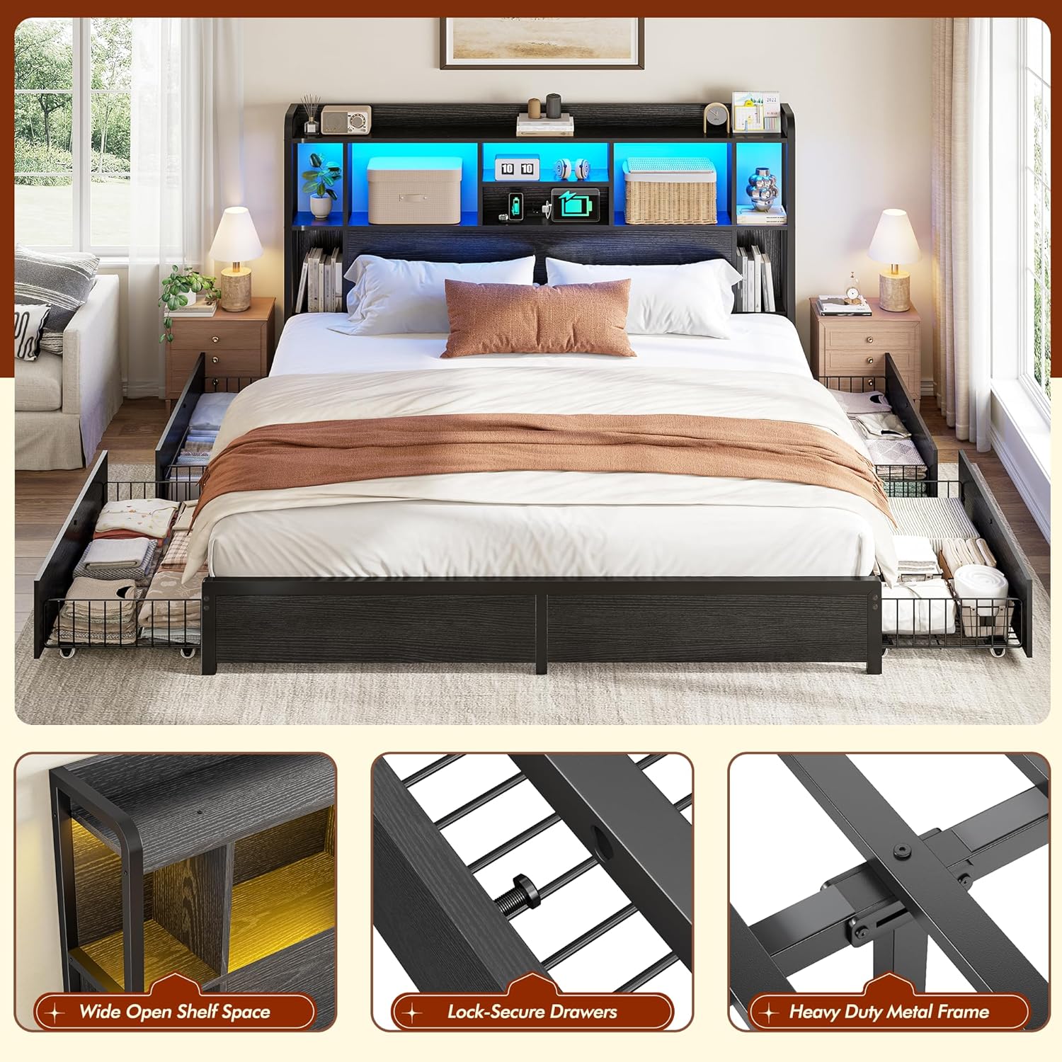 Homkdom King Size Bed Frame with Storage Headboard & 4 Large Drawers King Bed Frame with 51' Tall Headboard 9 Compartments Led Lights & Charging Station,No Box Spring Needed, No Noise,Black