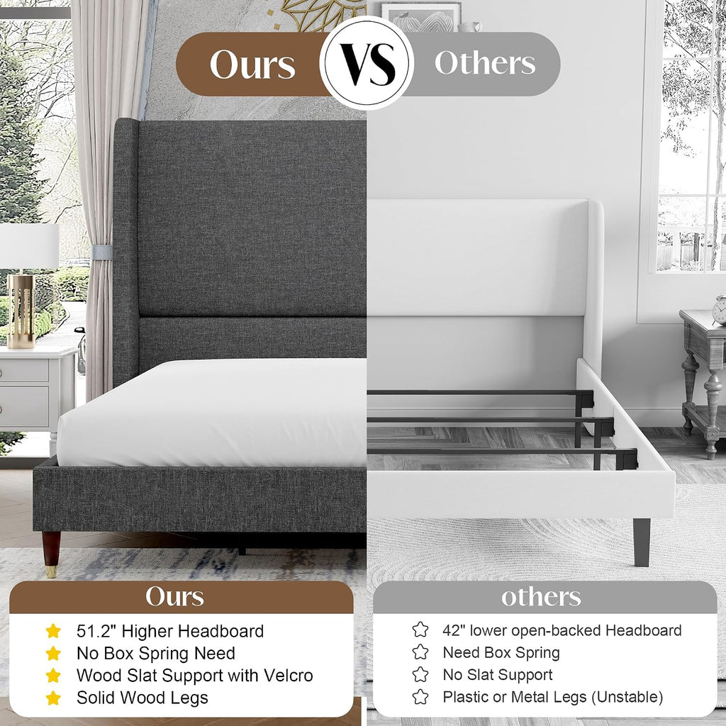 PaPaJet King Bed Frame with 51.2' Tall Wingback Headboard,Line Upholstered Platform Bed,Solid Wood Legs,No Box Spring Needed,Noise-Free&Easy Assembly,for Master Bedroom & Luxury Home,Dark Grey