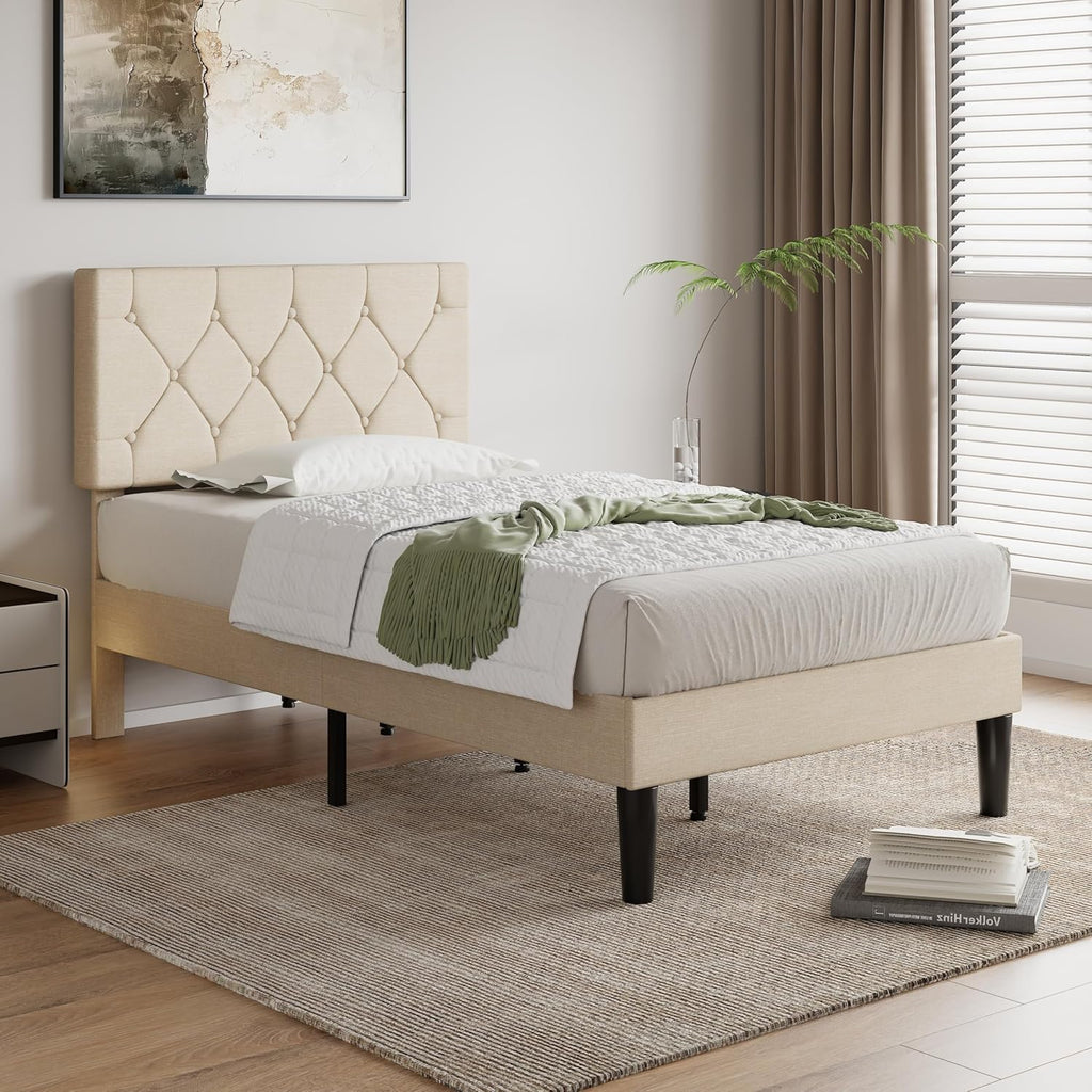 VECELO Twin Size Bed Frame with Button Tufted Headboard, Upholstered Platform Bedframe with Wood Slat Support, No Box Spring Needed, Dark Beige