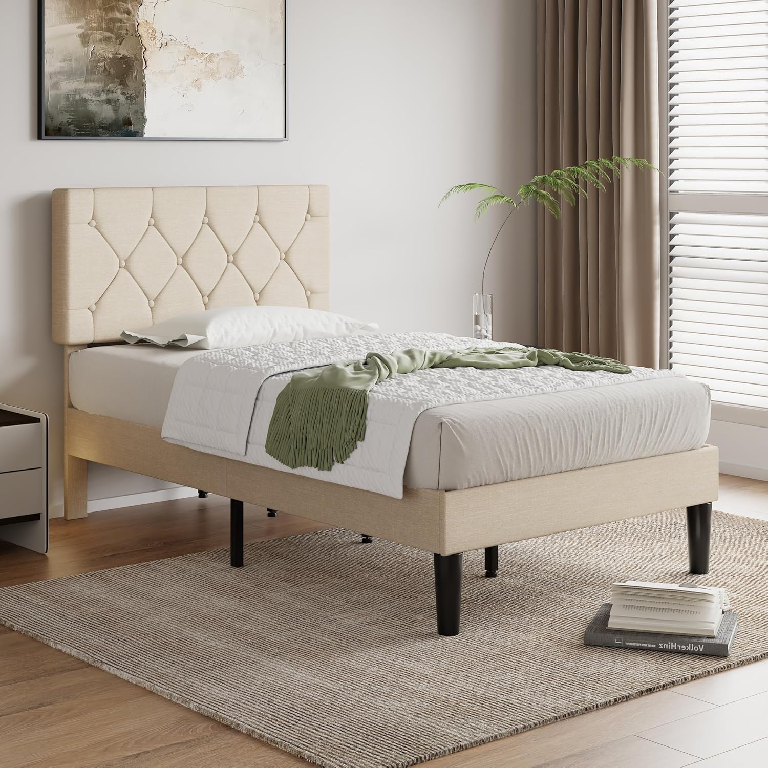 VECELO Twin Size Bed Frame with Button Tufted Headboard, Upholstered Platform Bedframe with Wood Slat Support, No Box Spring Needed, Dark Beige