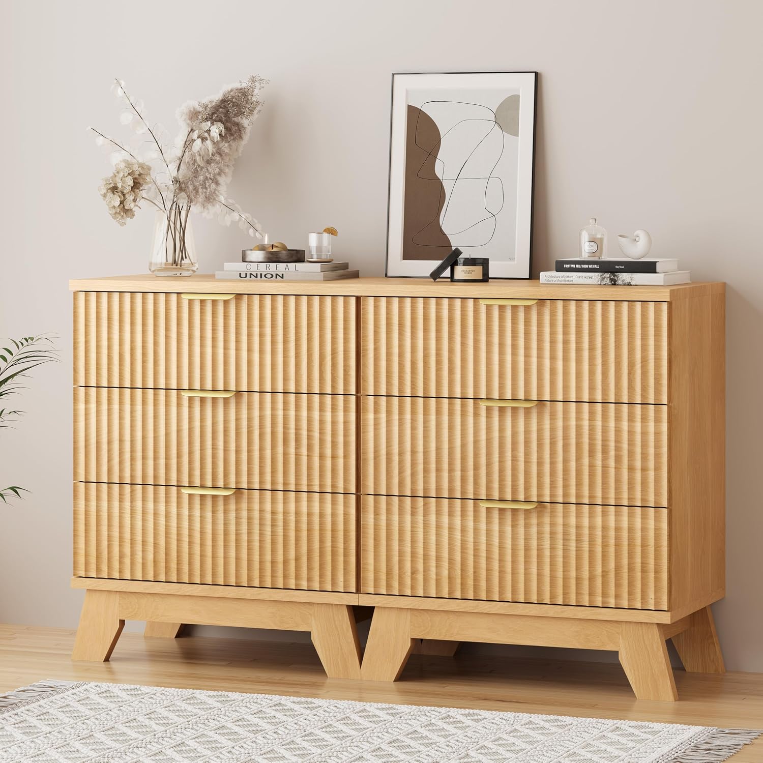Fluted Dresser for Bedroom with 3 Drawers, 24' Wide Modern Chest of Drawers with Metal Handle, Wooden Dresser TV Stand, Wood Closet Clothes Storage Organizer for Living Room, Hallway, Natural Oak