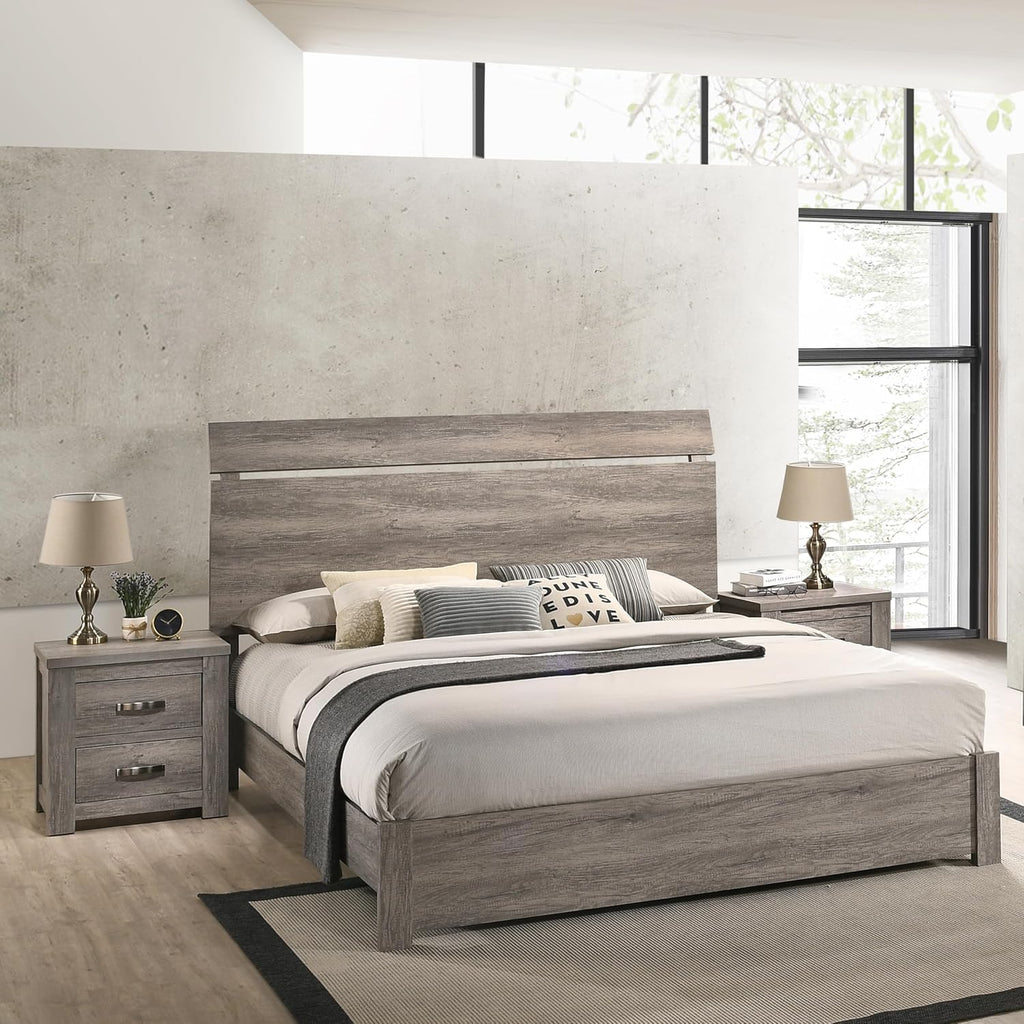 Roundhill Furniture Floren Weathered Gray Wood 3-Piece Bedroom Set, Bed with 2 Nightstands, Queen