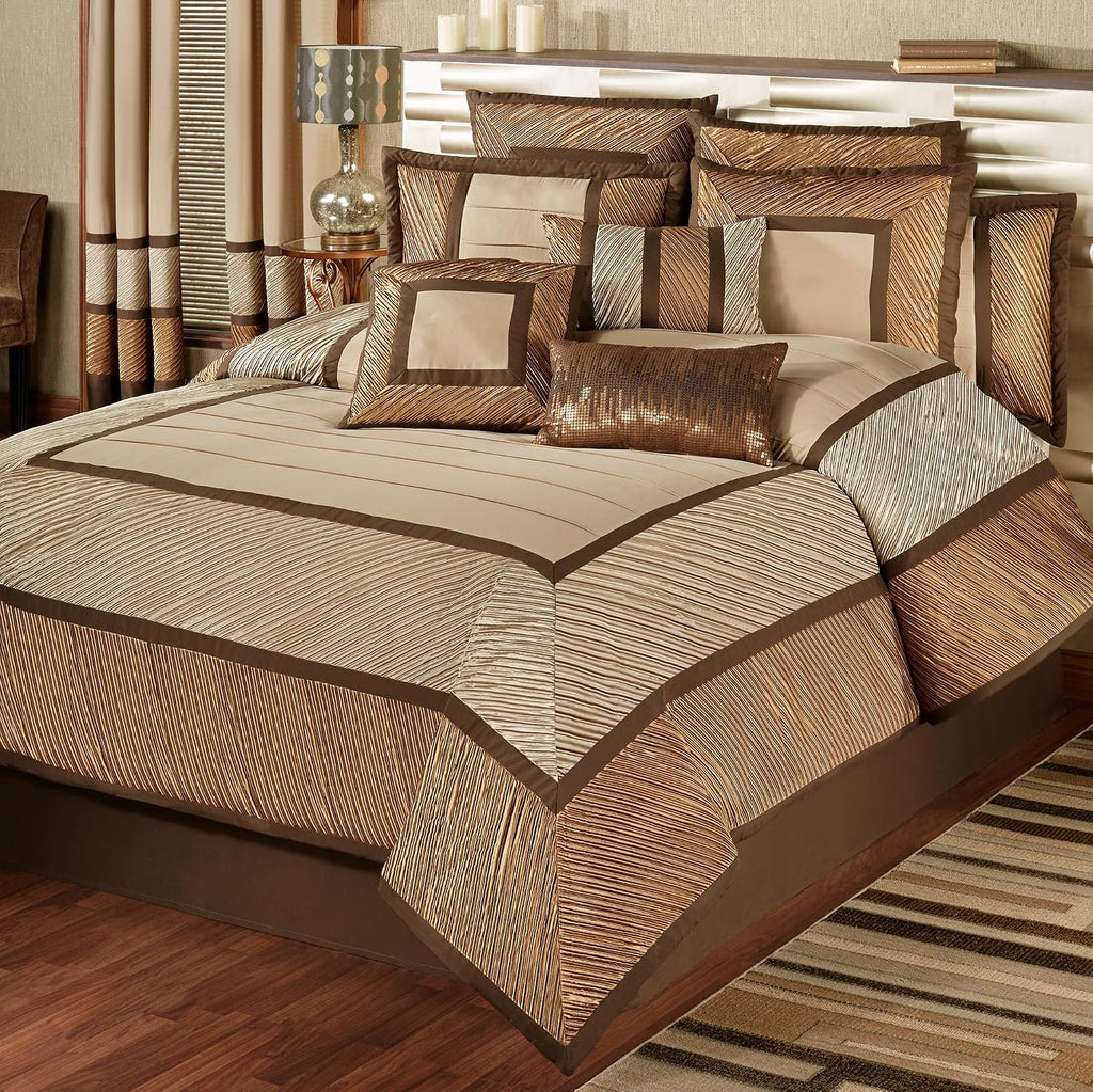 Delta Contemporary Oversized Luxury Bedding | Champagne Gold, Golden Bronze, Dark Bronze | Pleated Polyester Satin | Silky | 4 Piece Bed Set: Queen Comforter, Bedskirt, and 2 Standard Shams