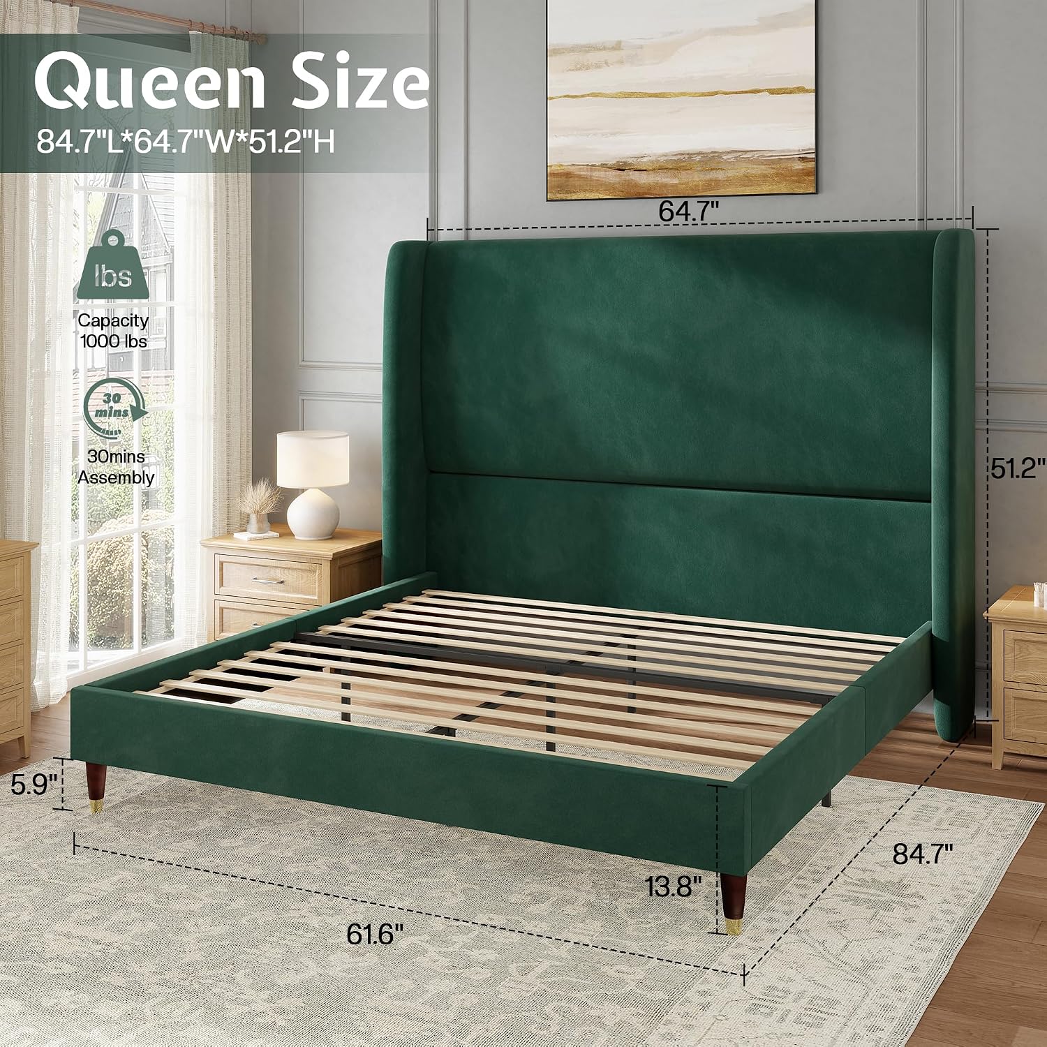 Jocisland Queen Size Bed Frame 51.2' Wingback Headboard Velvet Upholstered Platform Bed with Solid Wood Legs & Wooden Slats, No Box Spring Needed, Modern Minimalist Style, Easy Assembly, Dark Green