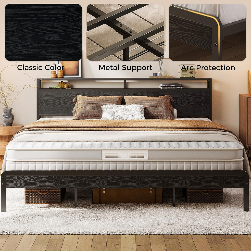 LIKIMIO King Bed Frame with Headboard, Dark Wood Camas King with Strong Supports, Sturdy, Noise-Free, No Box Spring Needed, Black