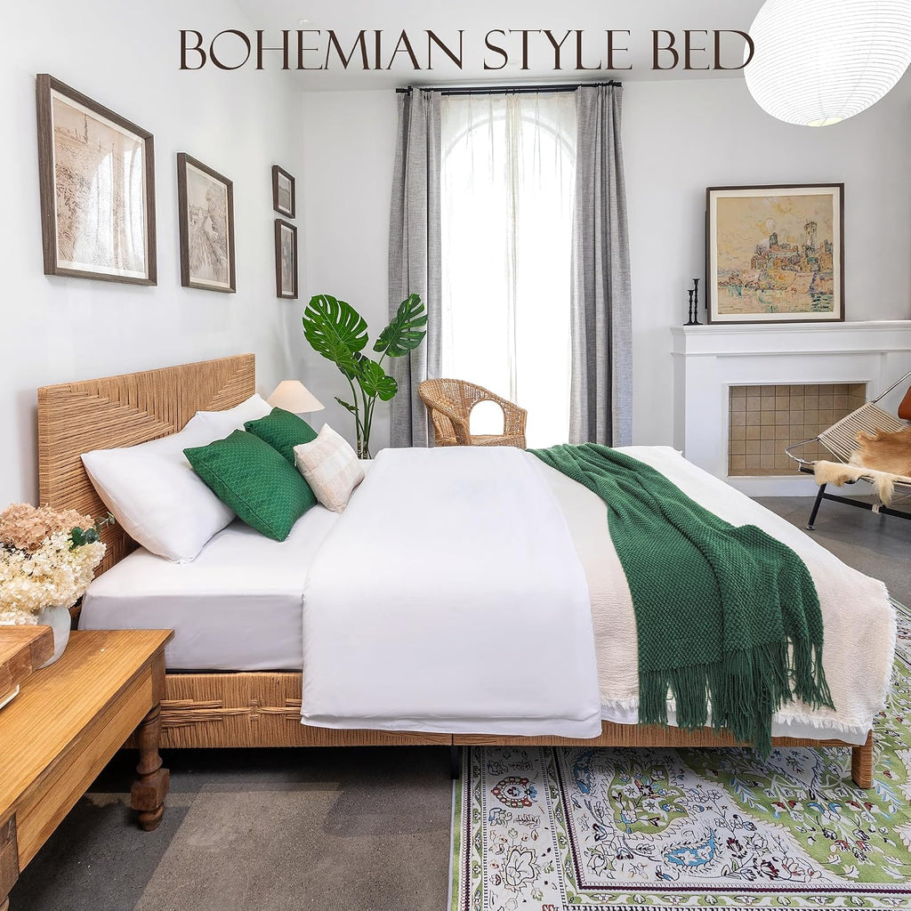 Yechen Queen Rattan Style Boho Bed Frame with Headboard and Footboard, Mid Century Modern Hand-Woven Wicker Bedframe with Vintage Pattern, Bamboo Bed with Metal Slats, No Box Spring Needed, 1000lbs