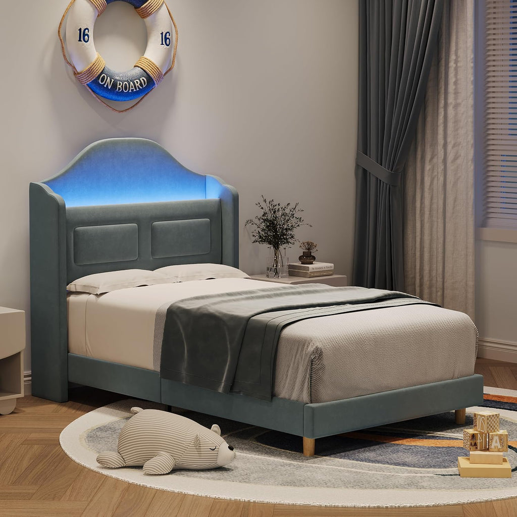 GarveeHome Twin Bed Frame for Kids, Upholstered Velvet Platform Bed for Boys/Girls with Wingback, Storage Bookcase Headboard & LED Lights, No Box Spring Needed, Noise-Free, Easy Assembly, Blue