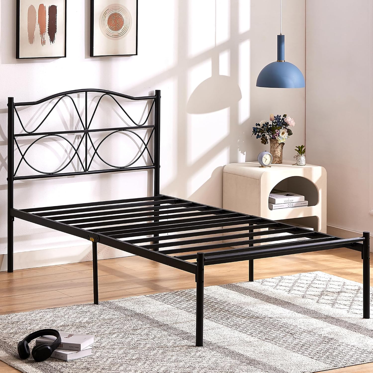 VECELO 2 Set Twin Size Bed Frame, Metal Bed Platform with Headboard, Sturdy Steel Slats Support, No Box Spring Needed/Noise-Free,Easy Assembly, Black