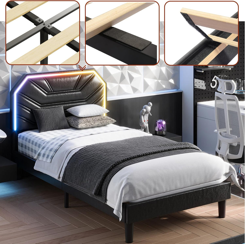 LIKIMIO Twin Bed Frames with LED Light Headboard, Upholstered Modern Cama Twin Platform Bed Frame with Heavy Duty Supports, No Box Spring Need, Noise Free, Easy Assembly, Black